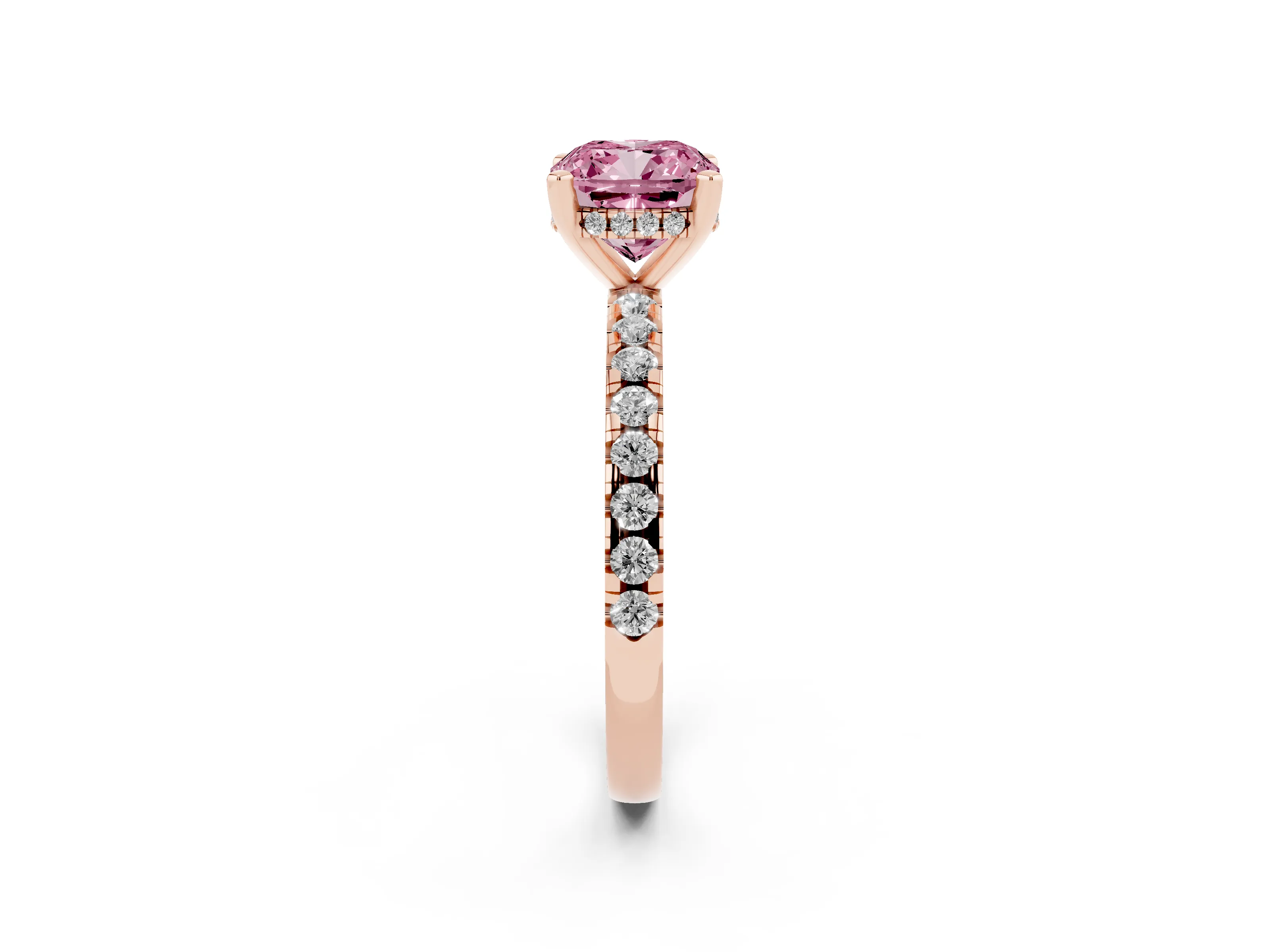 Fancy Pink Cushion Cut Diamond Pavé Solitaire Ring Set in Rose gold with Round Band Accents and Prong Setting