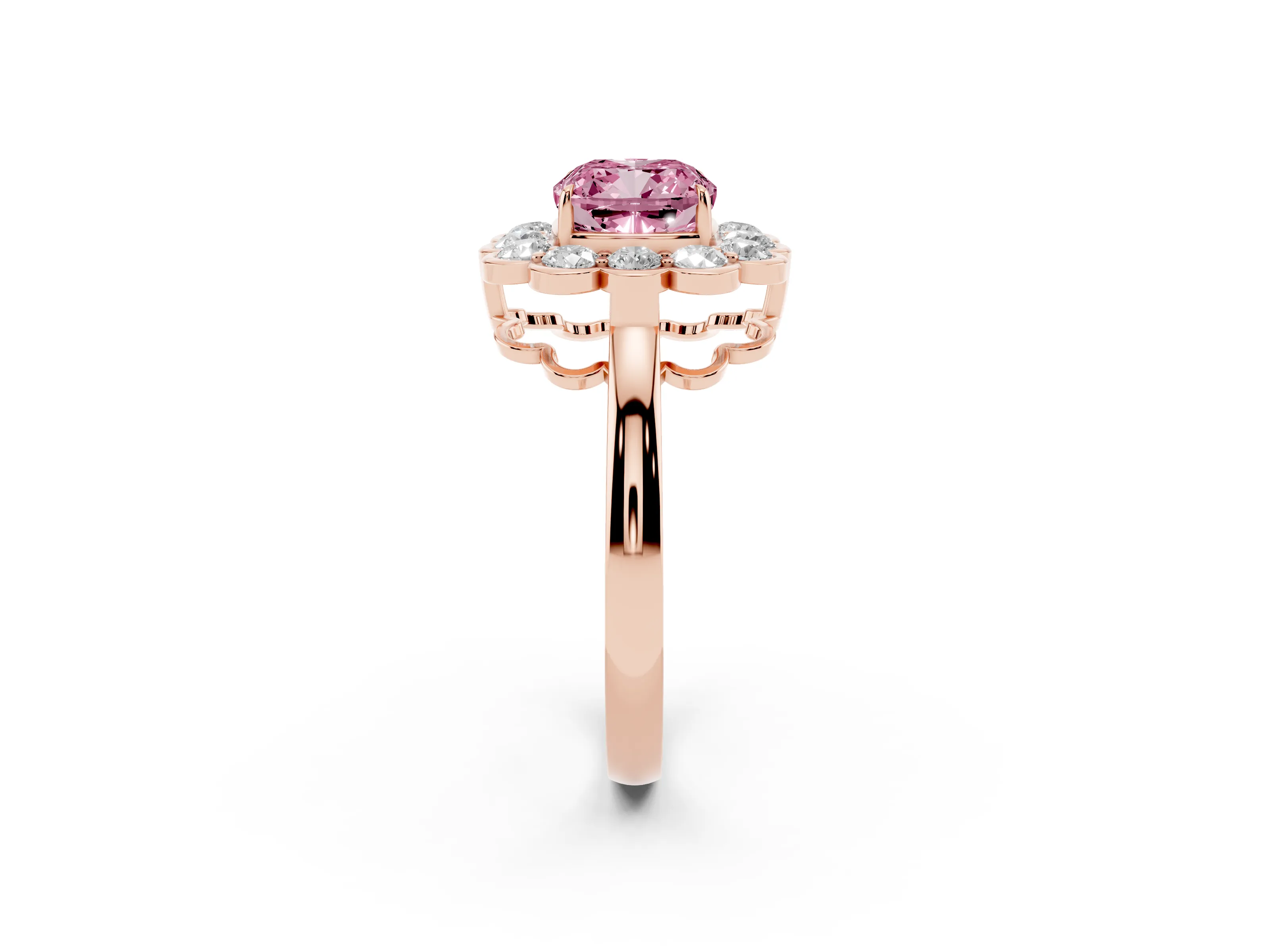 Fancy Pink Cushion Cut Diamond Halo Cluster Engagement Ring Set in Rose gold with Solitaire Band and Prong Setting