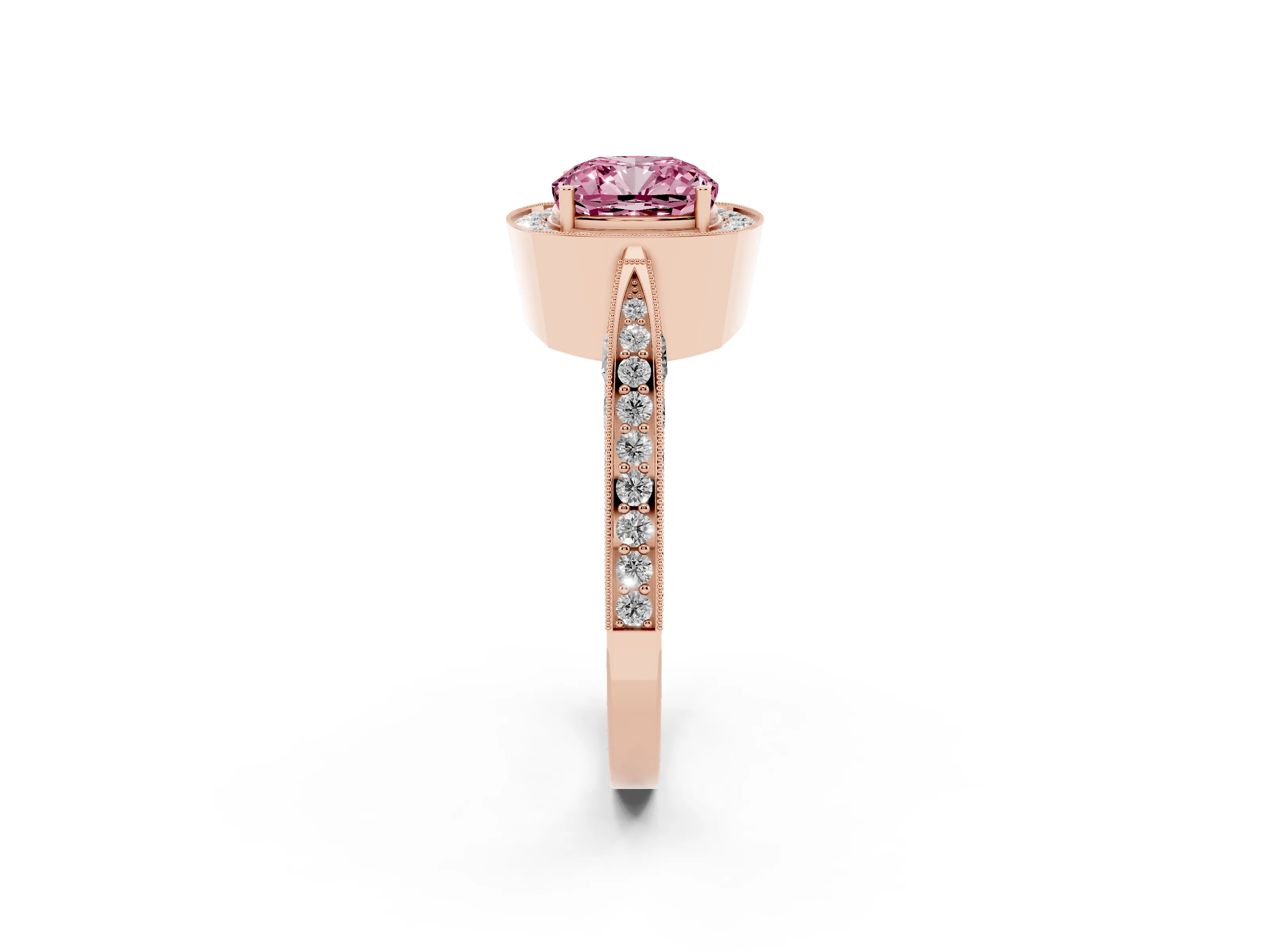 Fancy Pink Cushion Cut Diamond Halo Engagement Ring Set in Rose gold with Accent Split Shank Band