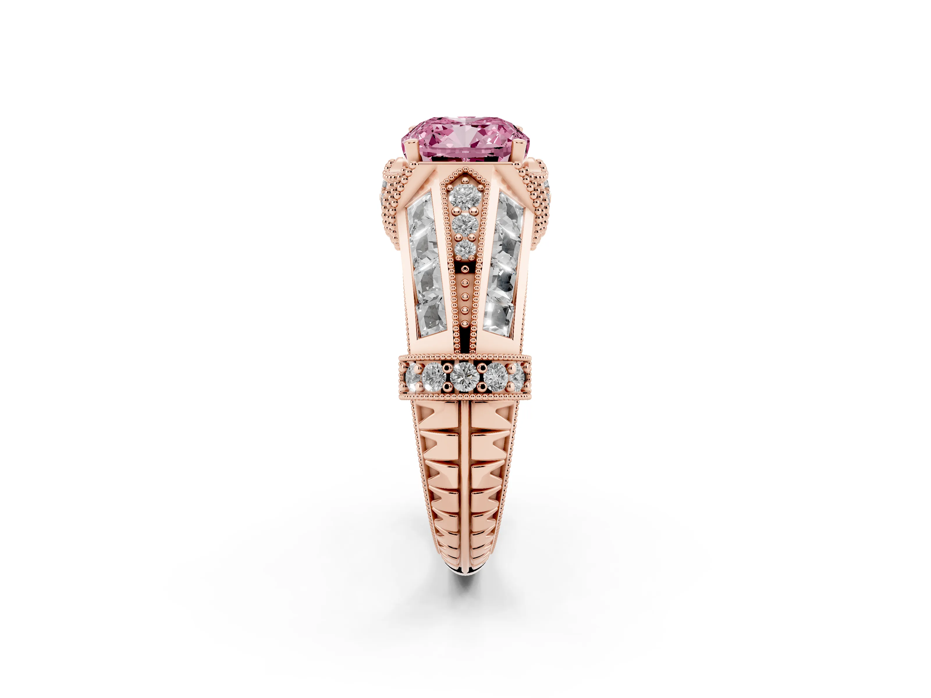 Fancy Pink Cushion Cut Diamond Vintage-Inspired Milgrain Ring Set in Rose gold with Accent Split Shank