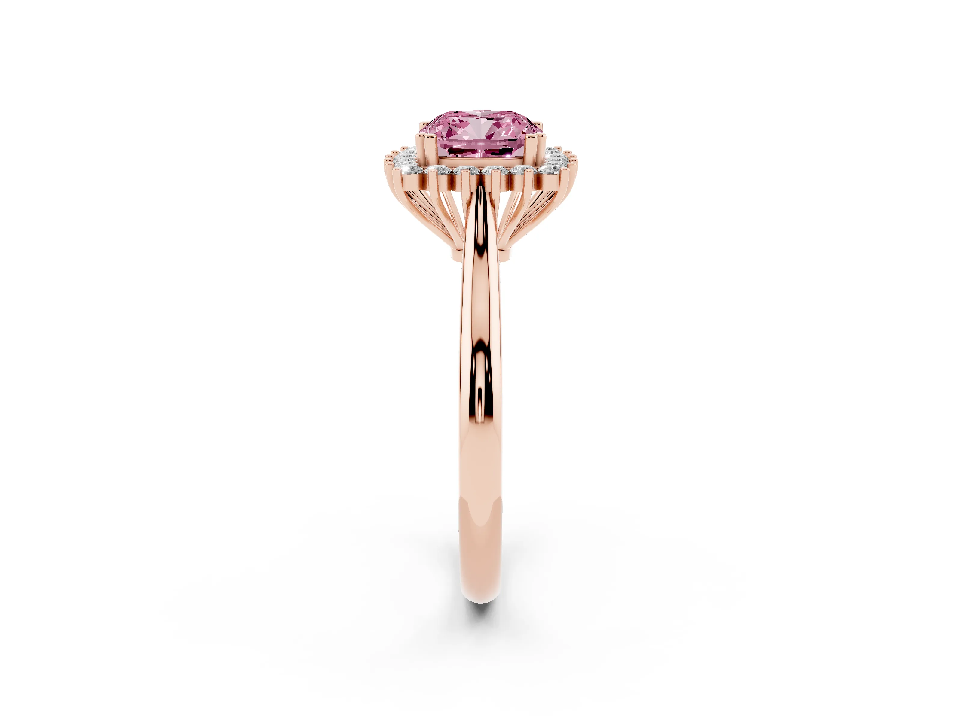 Fancy Pink Cushion Cut Diamond Halo Ring Set in Rose gold with Plain Solitaire Band and Prong Setting