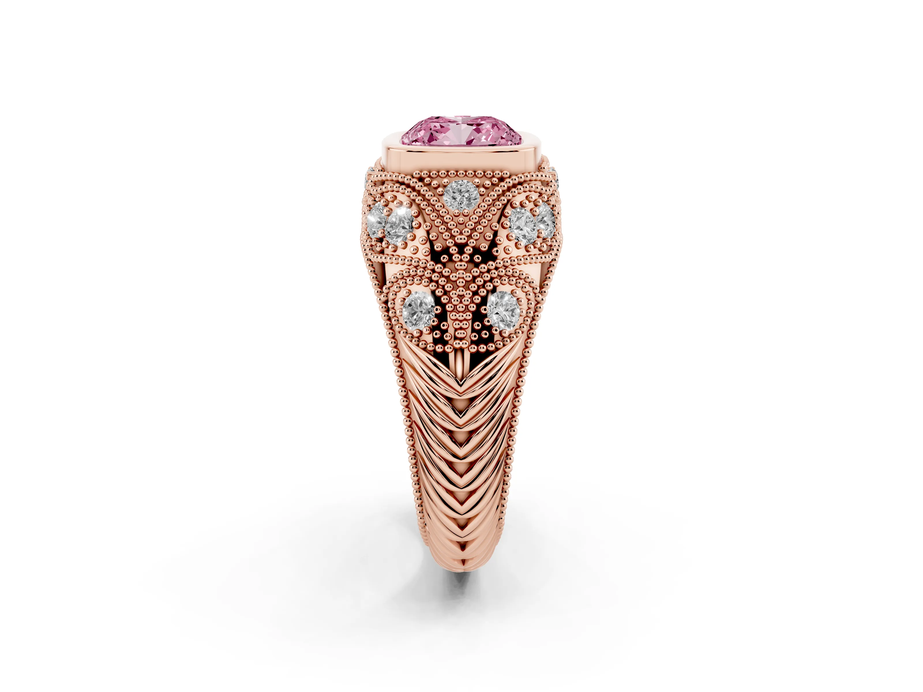 Fancy Pink Cushion Cut Diamond Bezel Ring Set in Rose gold with Milgrain Accent Band