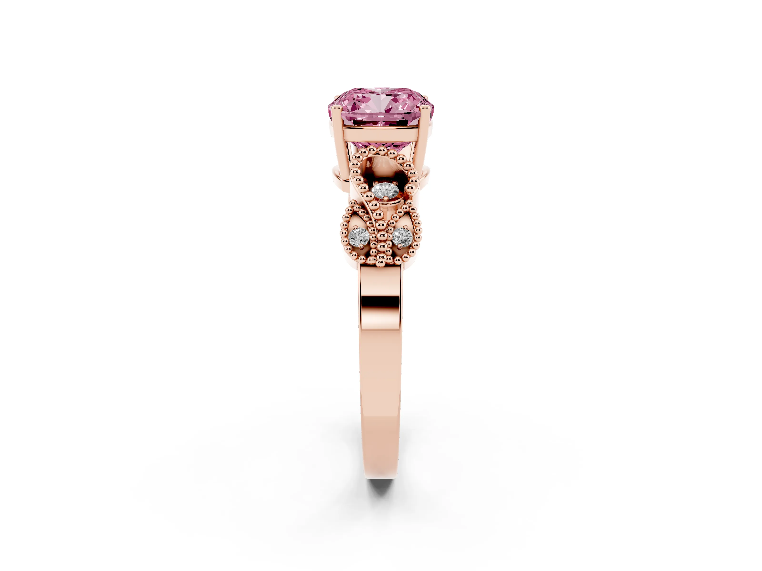 Fancy Pink Cushion Cut Diamond Milgrain Leaf Band Solitaire Ring Set in Rose gold with Accent Stones and Prong Setting
