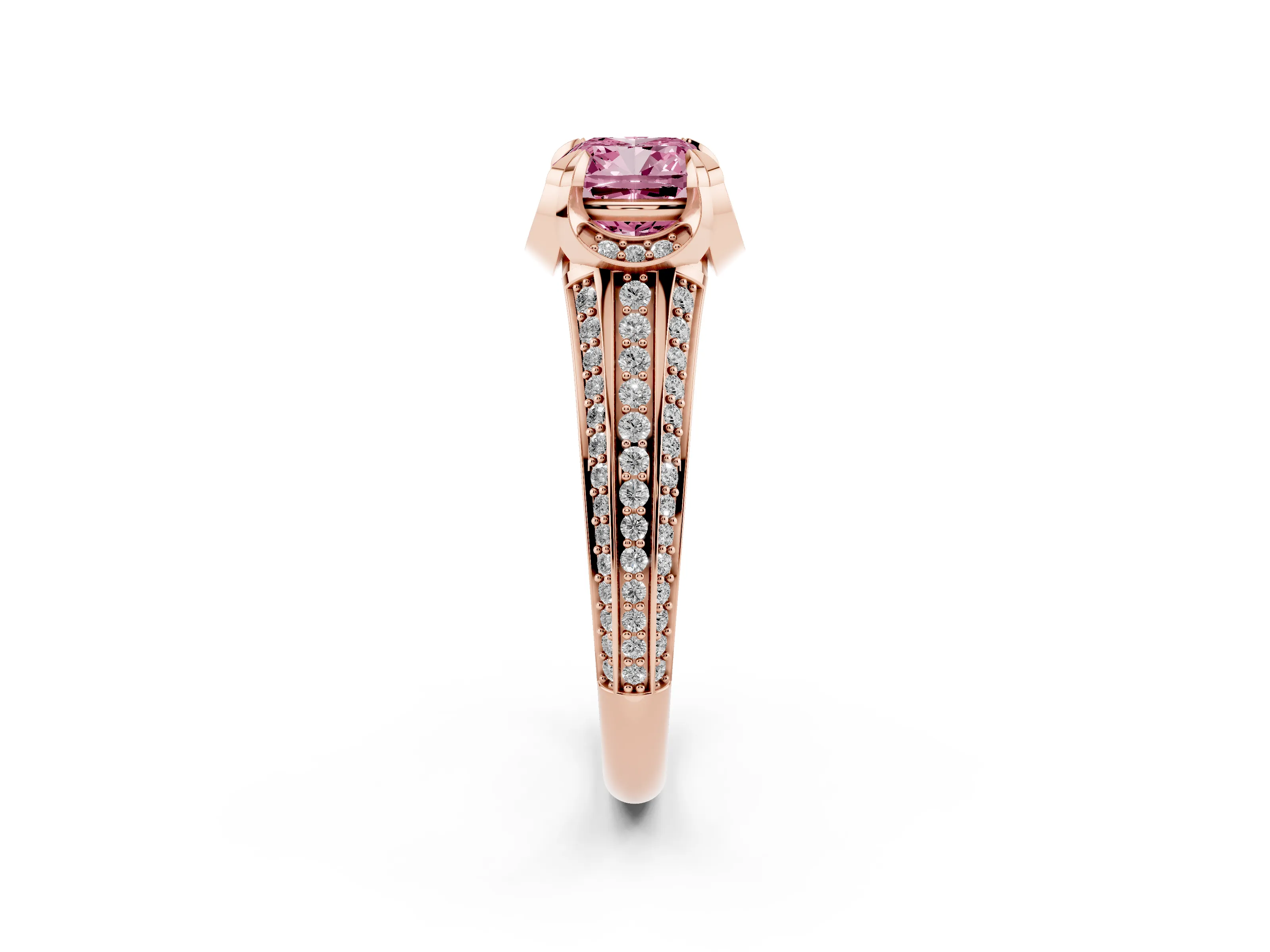 Fancy Pink Cushion Cut Diamond Pavé Split Shank Solitaire Ring Set in Rose gold with Prong Setting