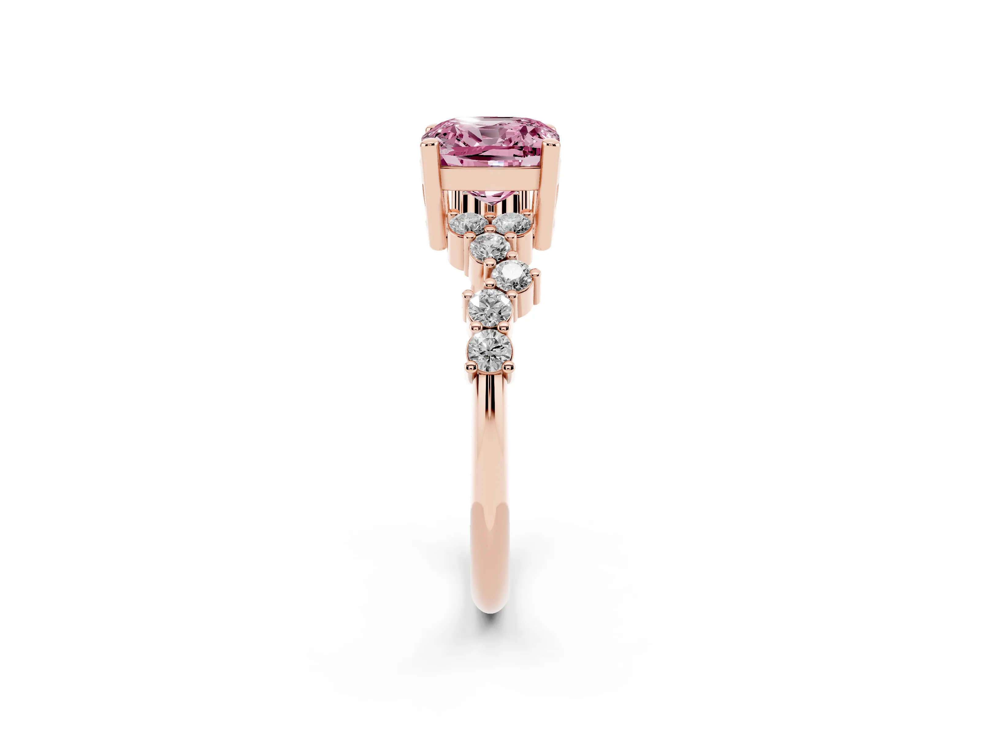 Fancy Pink Cushion Cut Diamond Ring Set in Rose gold with Scattered Round Accents