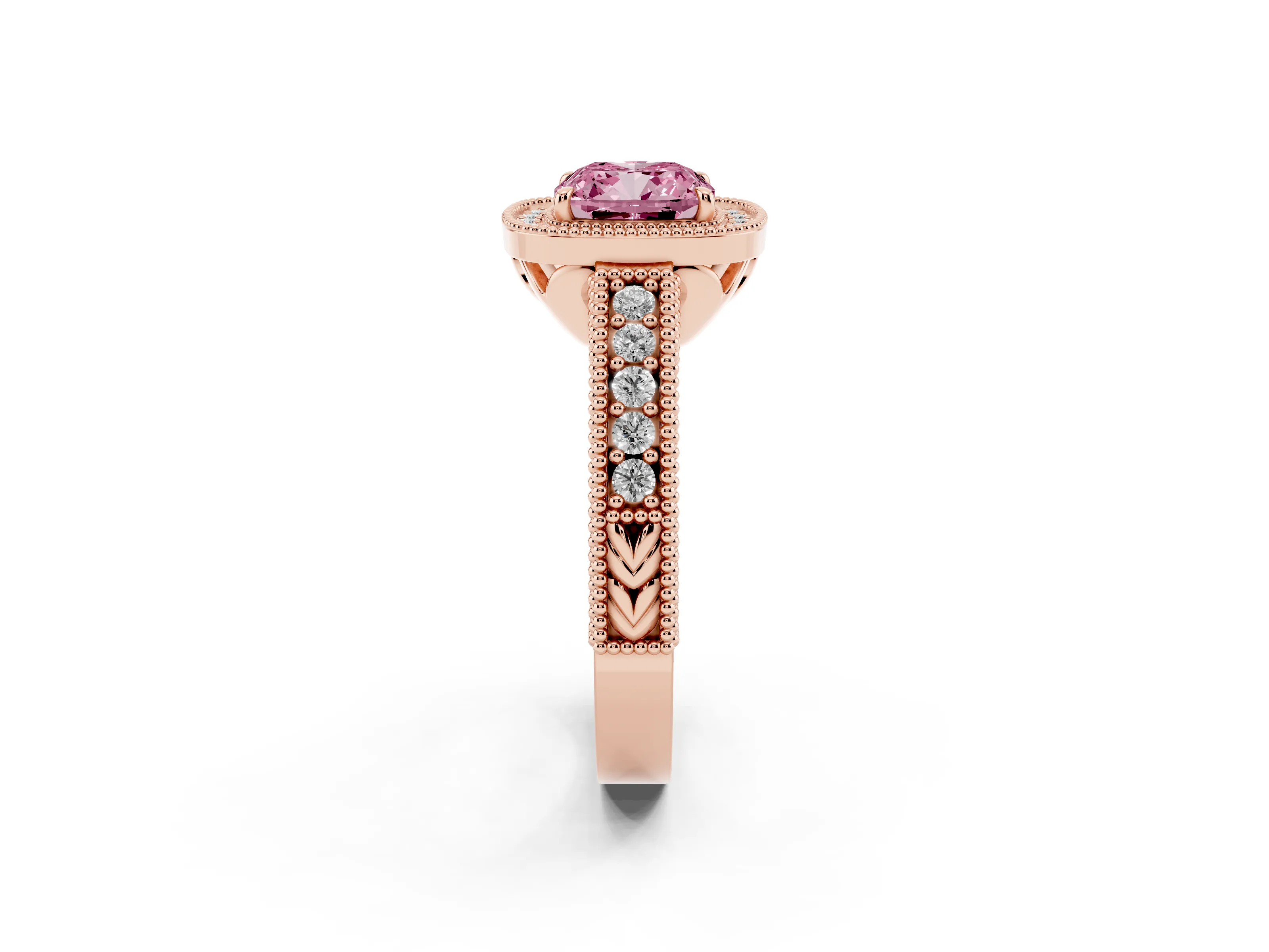 Fancy Pink Cushion Cut Diamond Halo Ring Set in Rose gold with Round Accent Halo, Pavé Band and Prong Setting