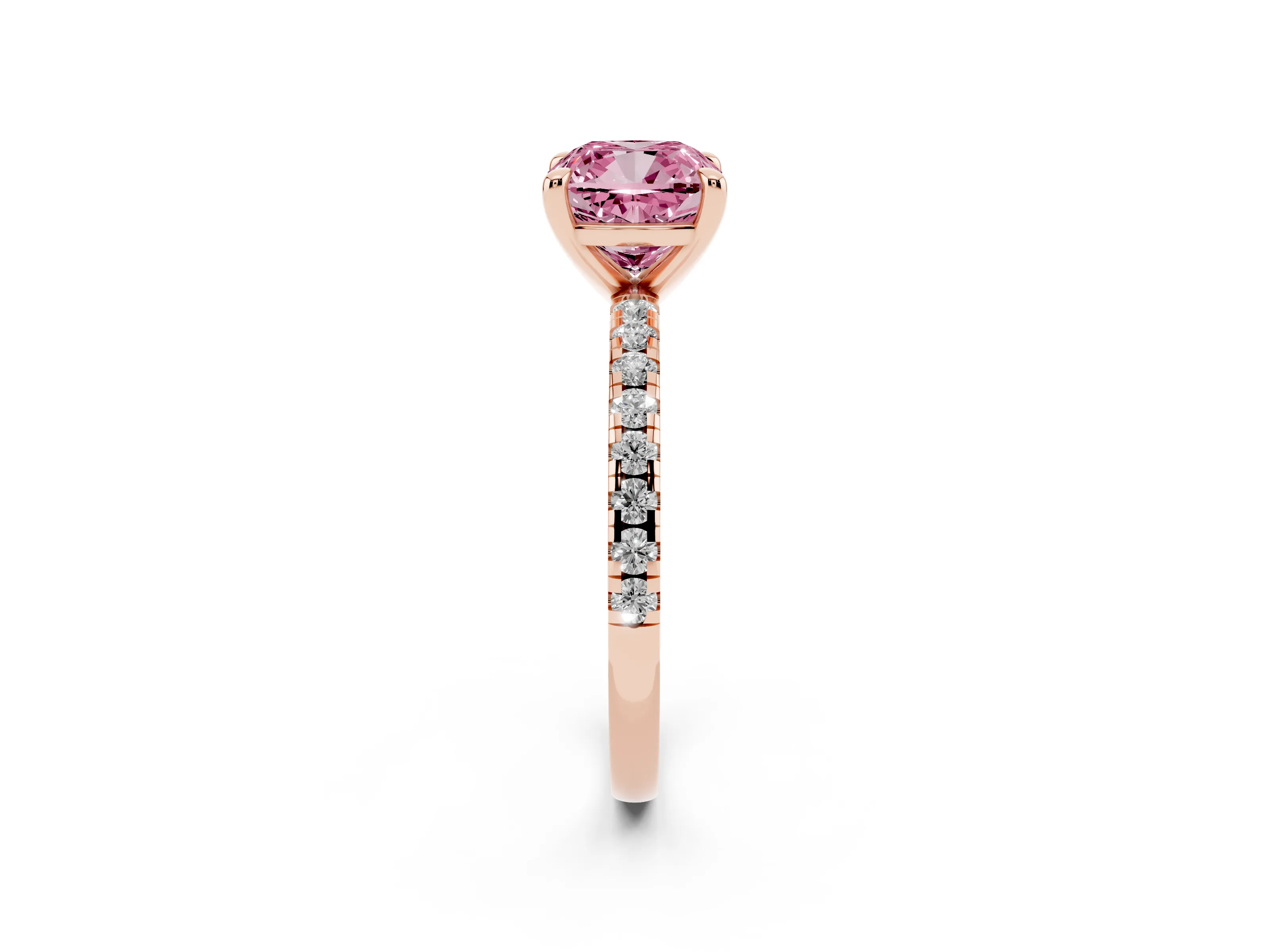 Fancy Pink Cushion Cut Diamond Brilliant Solitaire Ring Set in Rose gold with Pavé Band and Prong Setting