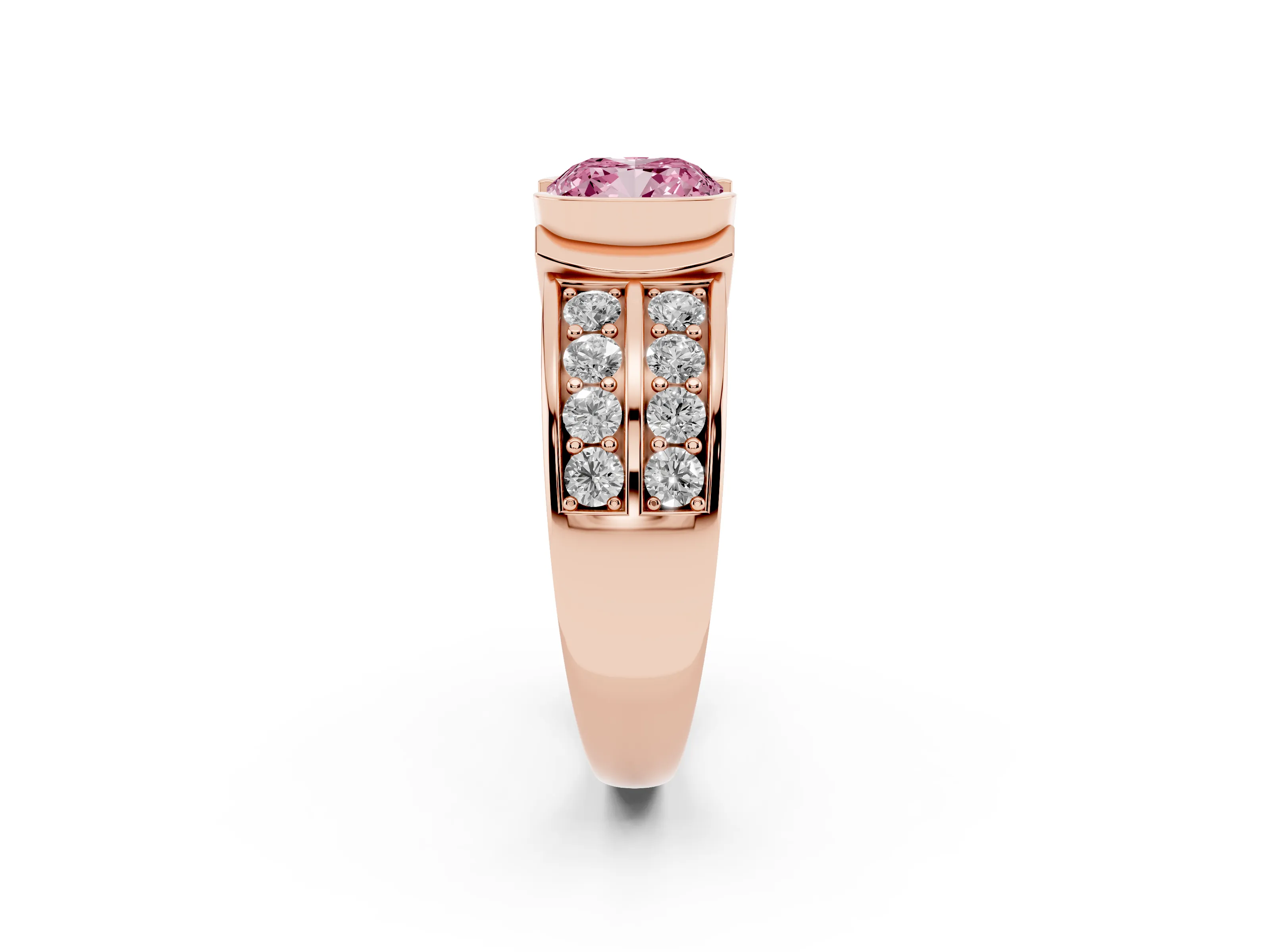 Fancy Pink Cushion Cut Diamond Wide Channel Set Band Ring Set in Rose gold with Bezel Setting