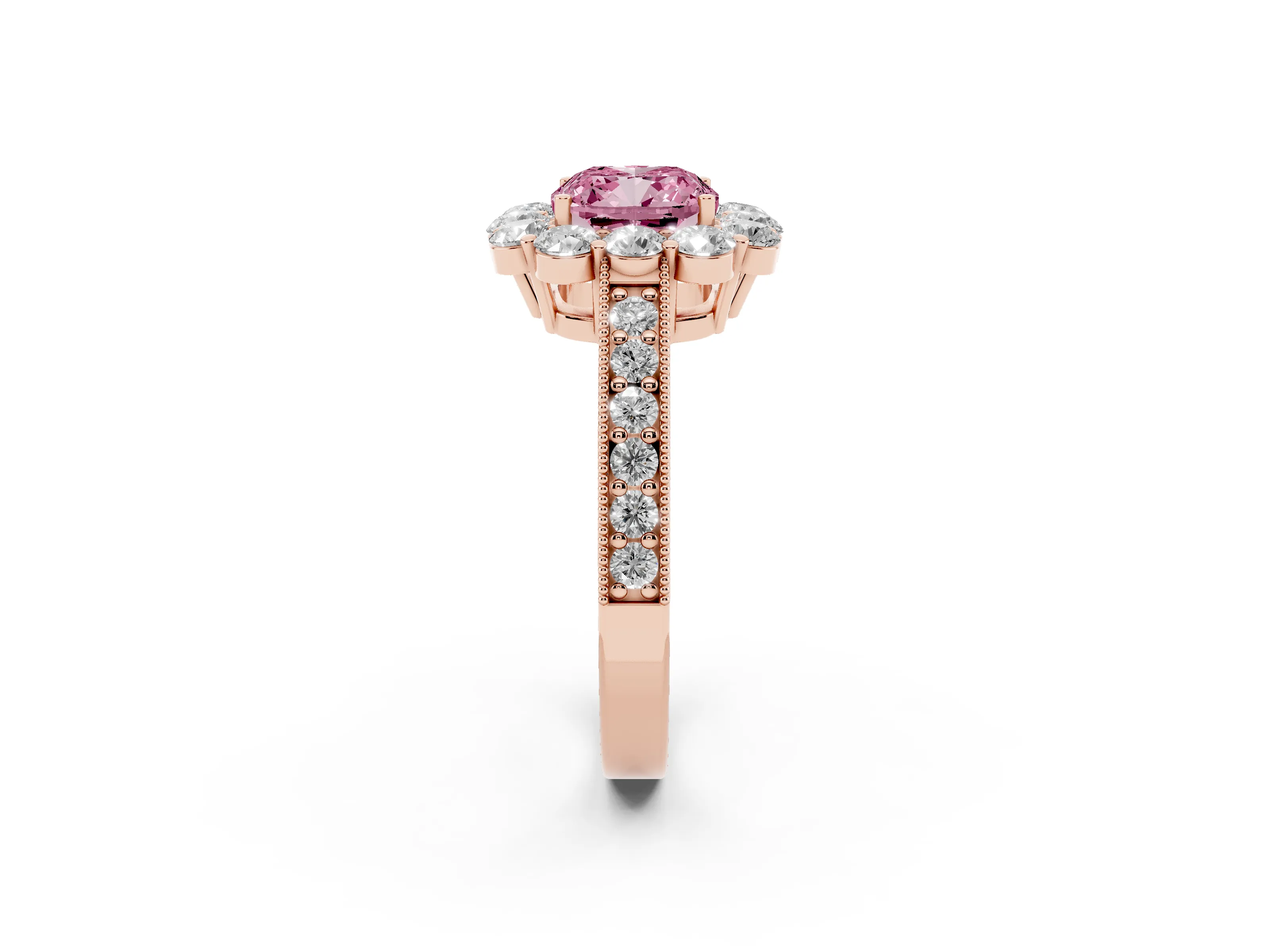 Fancy Pink Cushion Cut Diamond Halo Pavé Engagement Ring Set in Rose gold with Milgrain Detailing