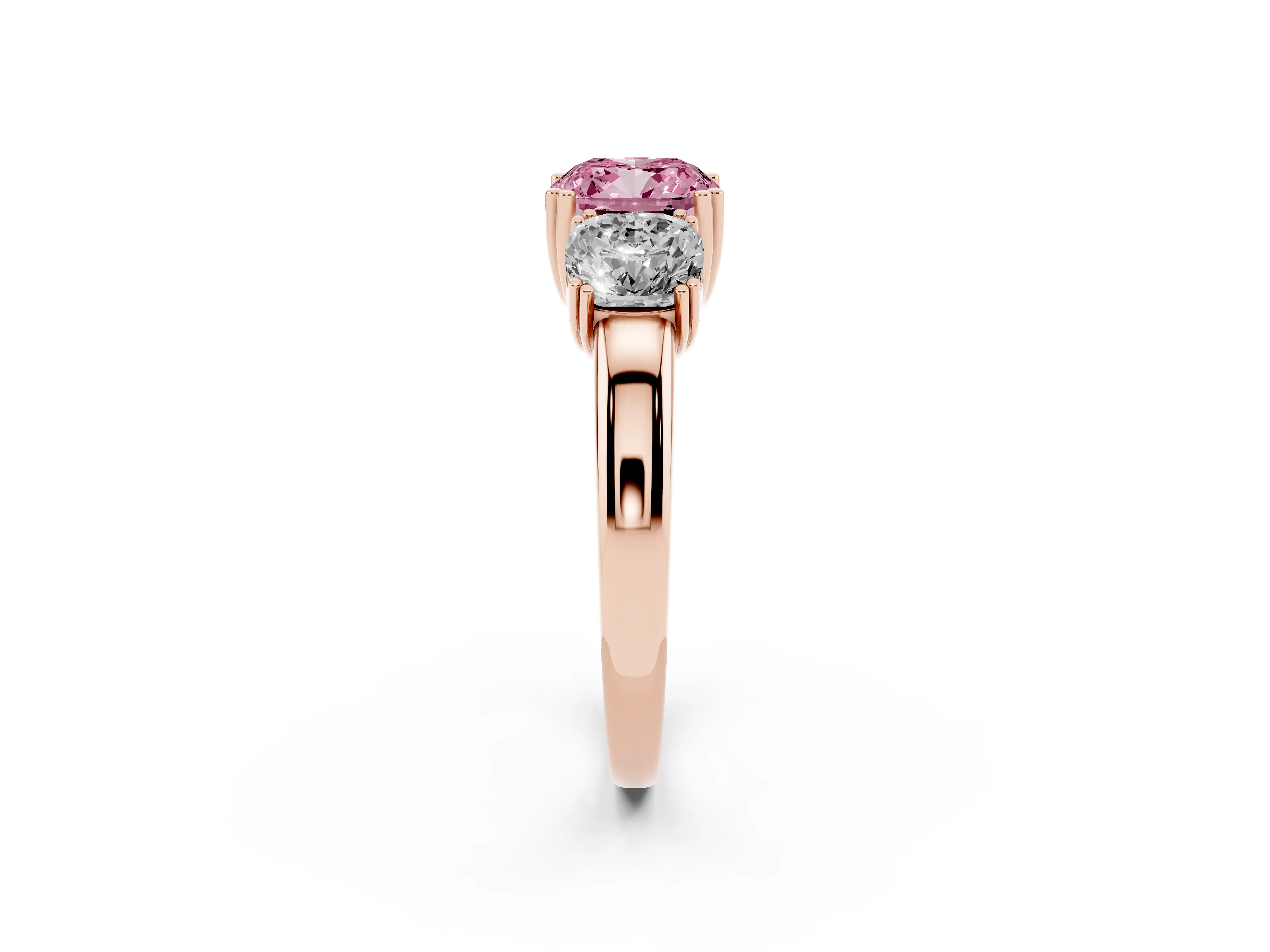 Fancy Pink Cushion Cut Diamond Three-Stone Ring Set in Rose gold with Polished Band and Prong Setting