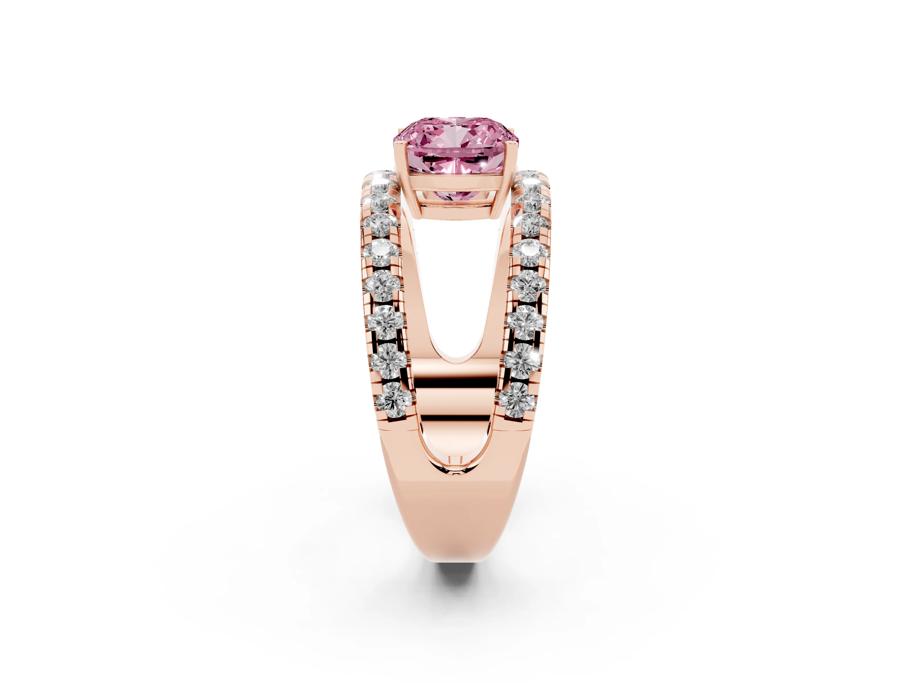Fancy Pink Cushion Cut Diamond Split Shank Pavé Solitaire Ring Set in Rose gold with Open Shank Design