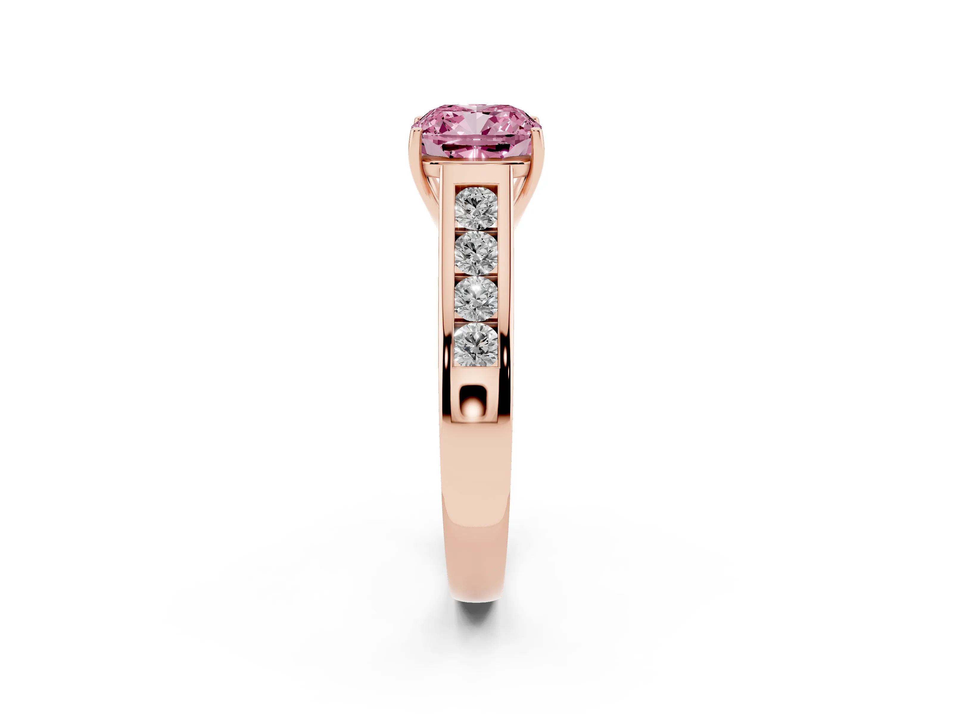 Fancy Pink Cushion Cut Diamond Brilliant Channel-Set Solitaire Ring Set in Rose gold with Prong Setting