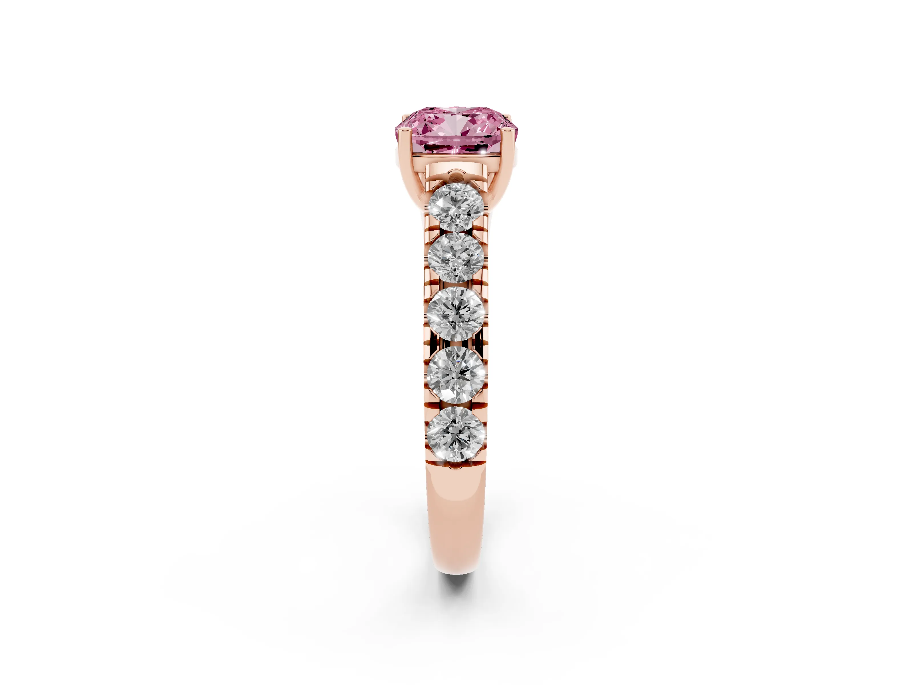 Fancy Pink Cushion Cut Diamond Solitaire Ring Set in Rose gold with Cut-Down Micro Pavé Band and Prong Setting