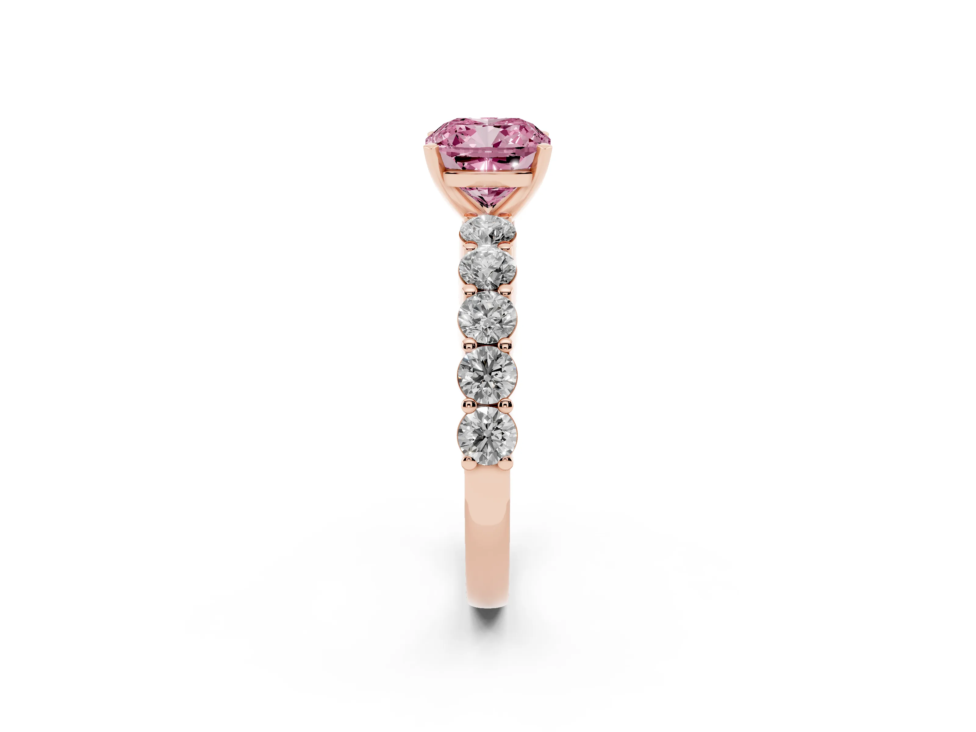 Fancy Pink Cushion Cut Diamond Solitaire Ring Set in Rose gold with Shared Prong Round Side Stones