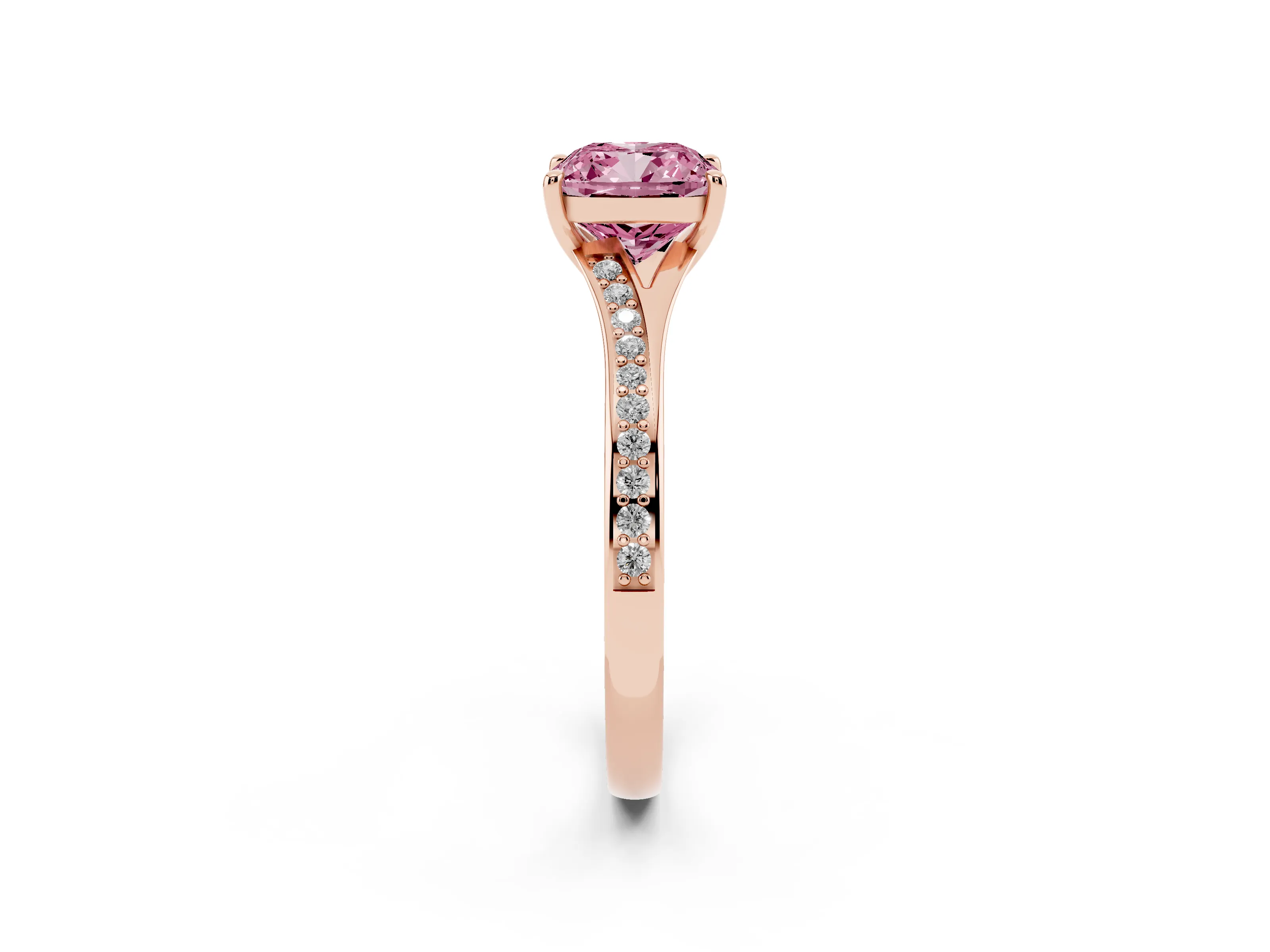Fancy Pink Cushion Cut Diamond Solitaire Ring Set in Rose gold with Pavé Accent Band and Classic Prong Setting