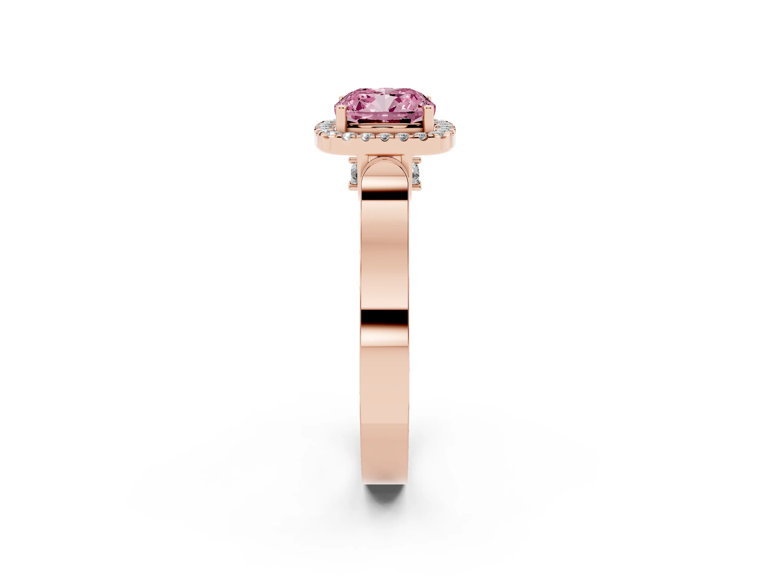 Fancy Pink Cushion Cut Diamond Halo Ring Set in Rose gold with Pavé-Lined Split Shank Band