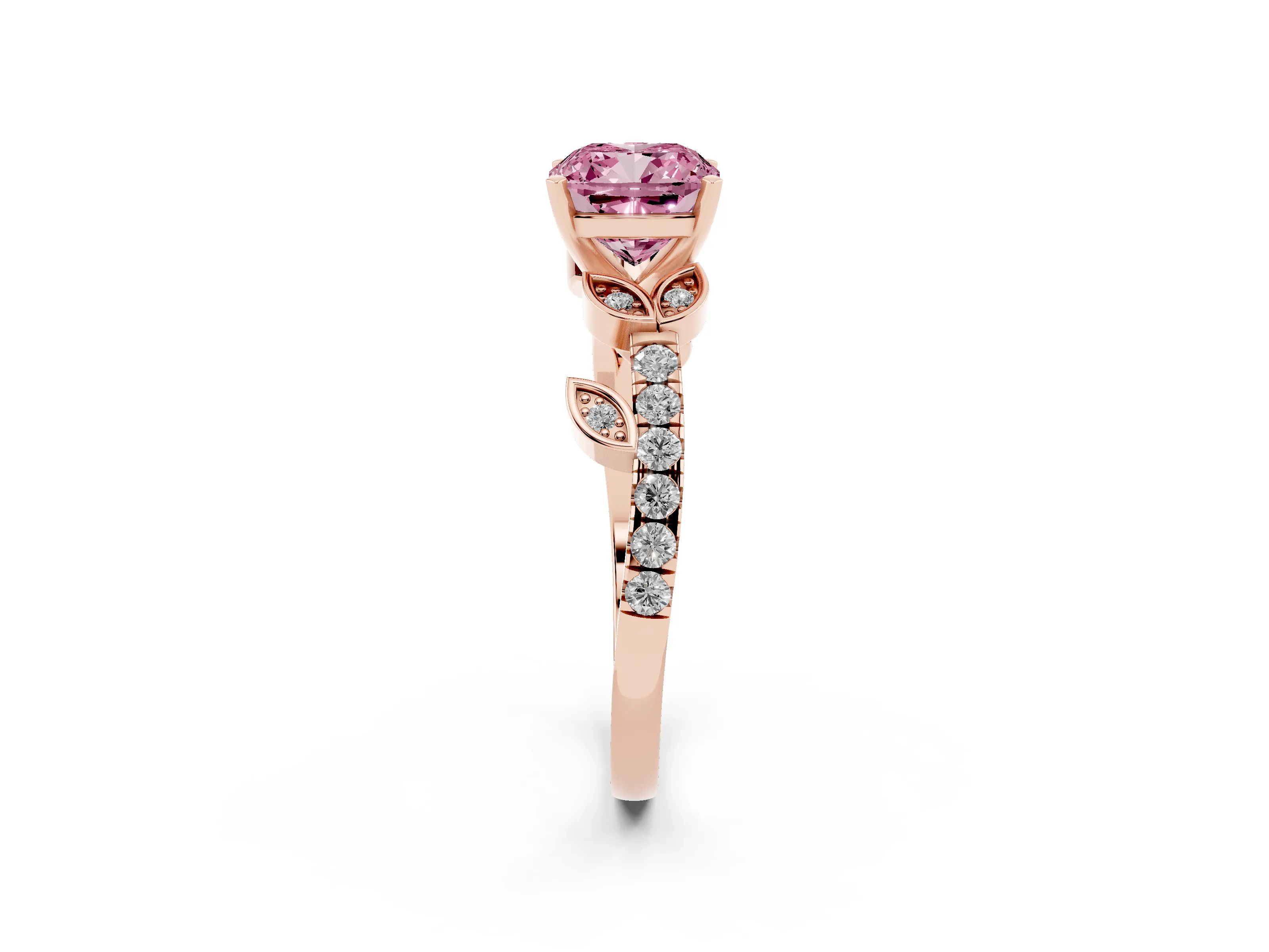Fancy Pink Cushion Cut Diamond Solitaire Leaf-Inspired Ring Set in Rose gold with Pavé Band and Prong Setting