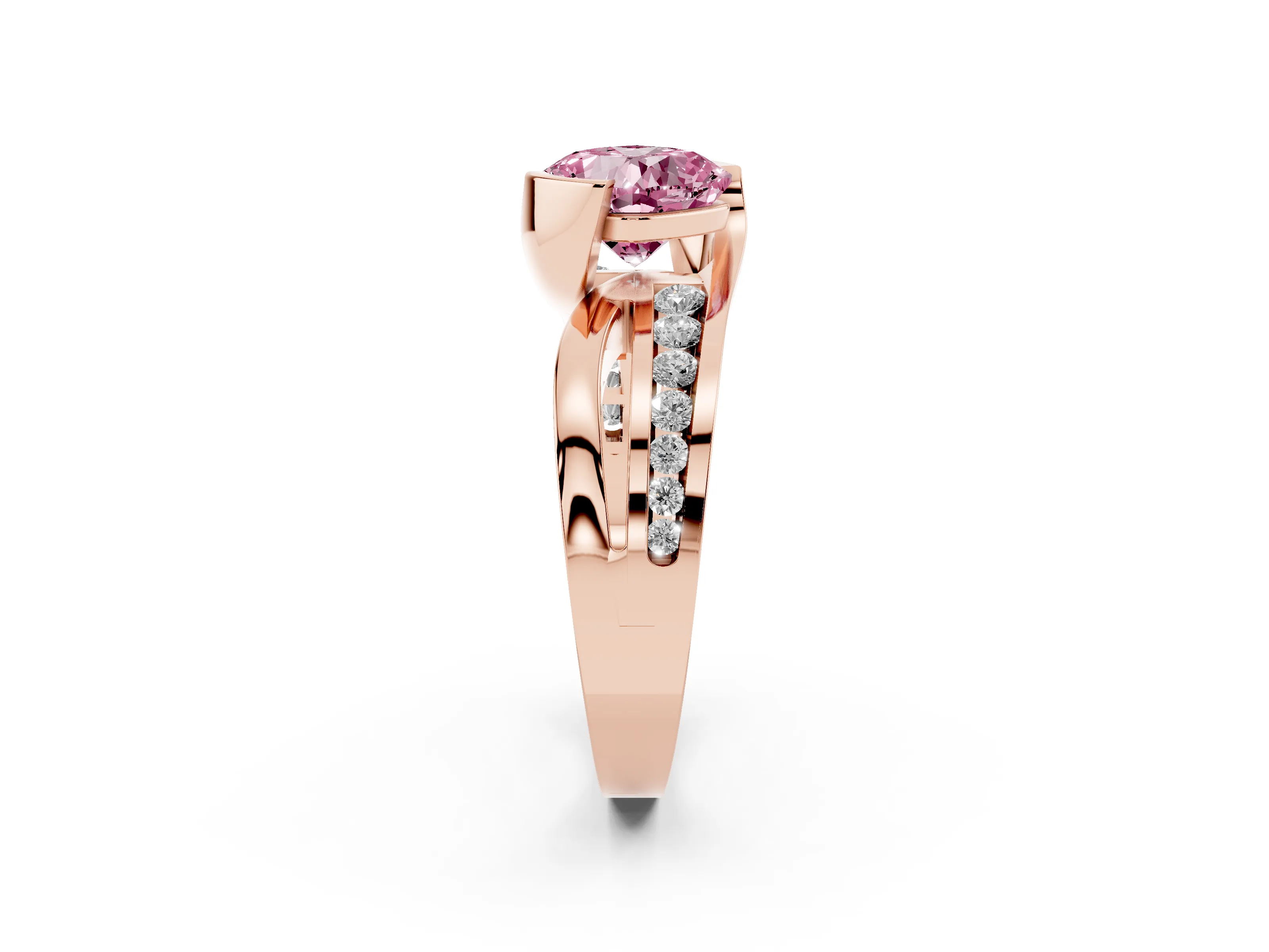 Fancy Pink Cushion Cut Diamond Solitaire Ring Set in Rose gold with Channel Set Split Shank and Tension Prongs