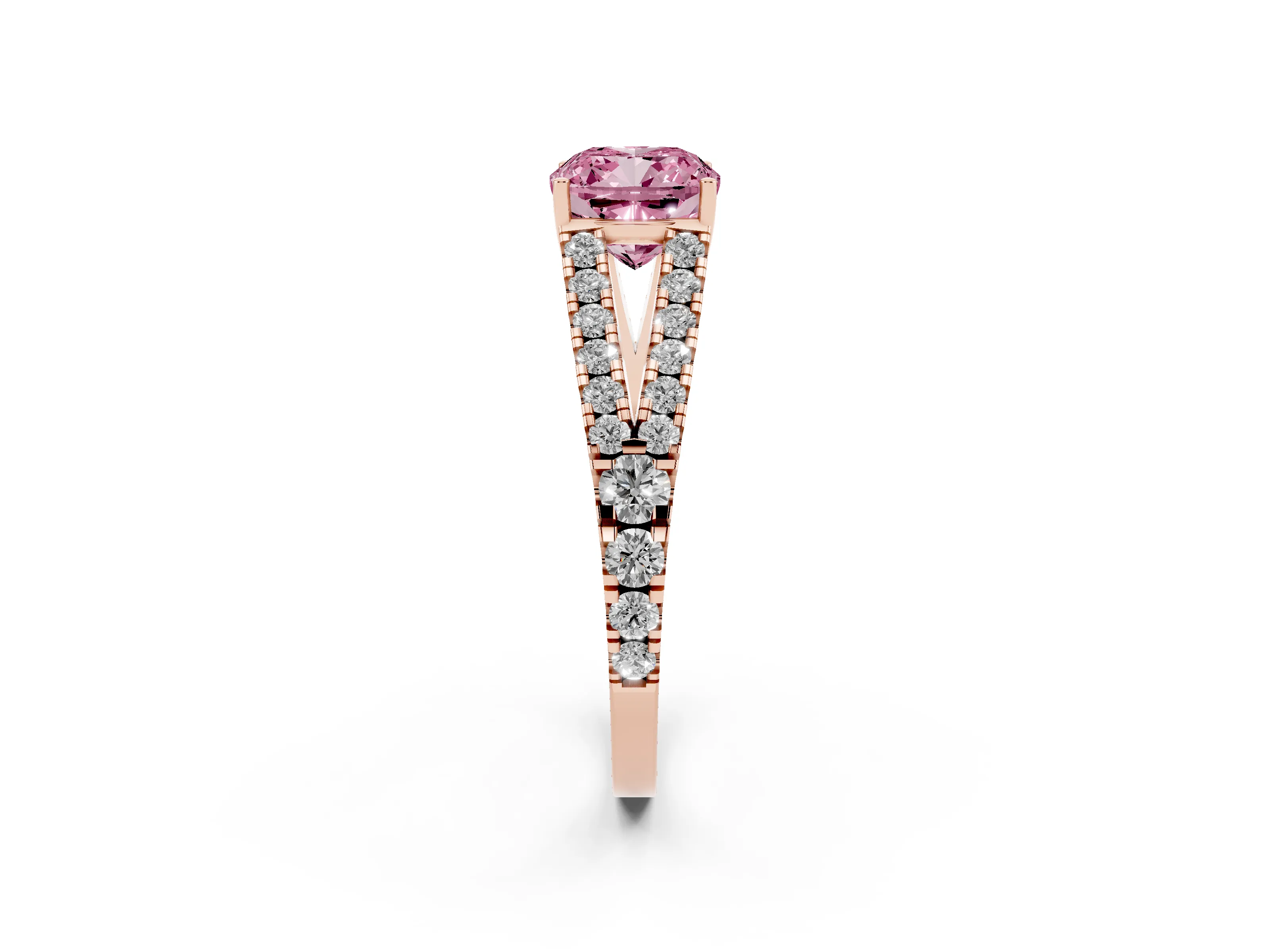 Fancy Pink Cushion Cut Diamond Split Shank Pavé Engagement Ring Set in Rose gold with Prong-Held Center Stone