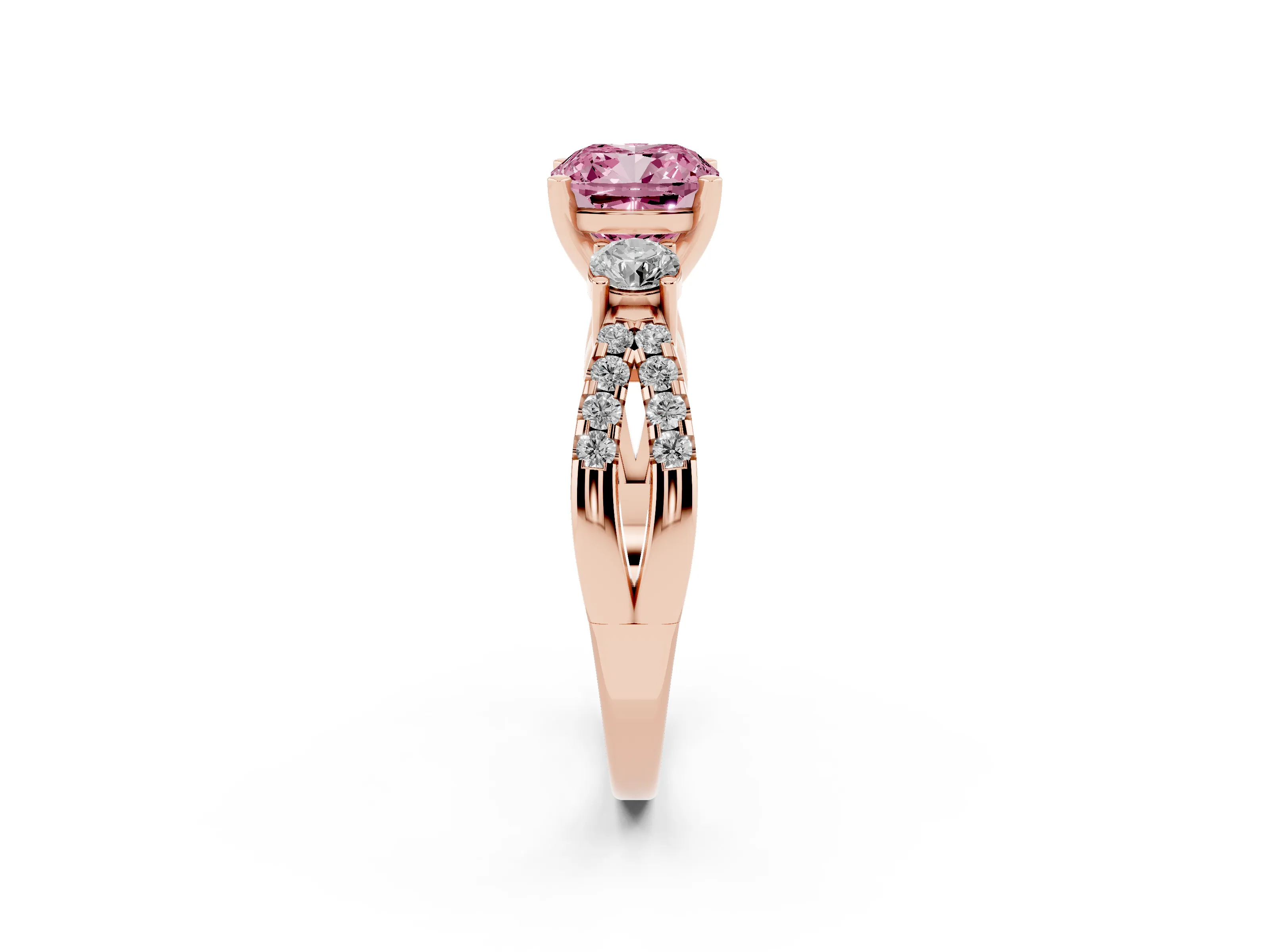 Fancy Pink Cushion Cut Diamond Three-Stone Ring Set in Rose gold with Pavé Split Shank and Prong Setting