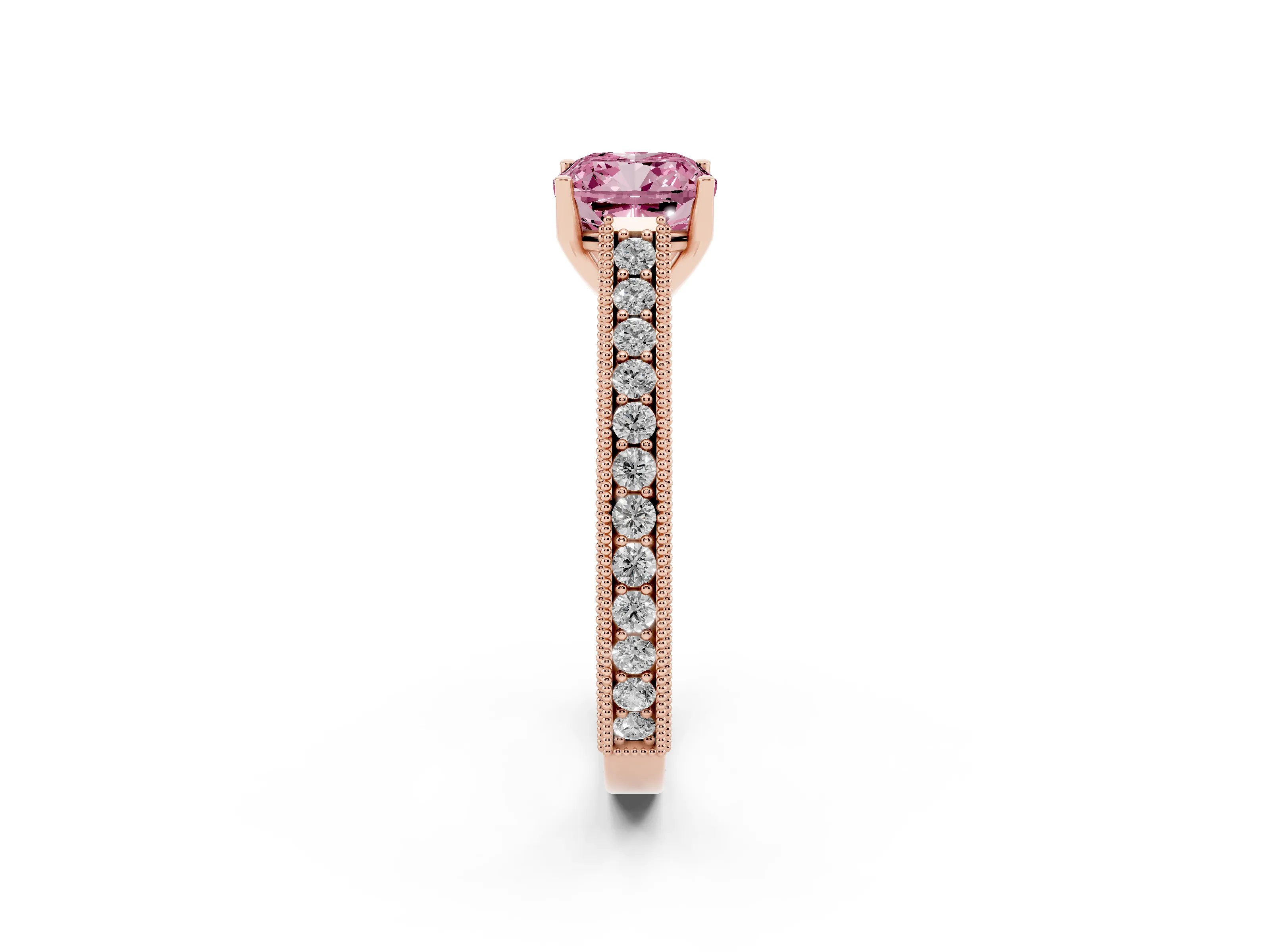 Fancy Pink Cushion Cut Diamond Milgrain Pavé Band Solitaire Ring Set in Rose gold with Prong Setting