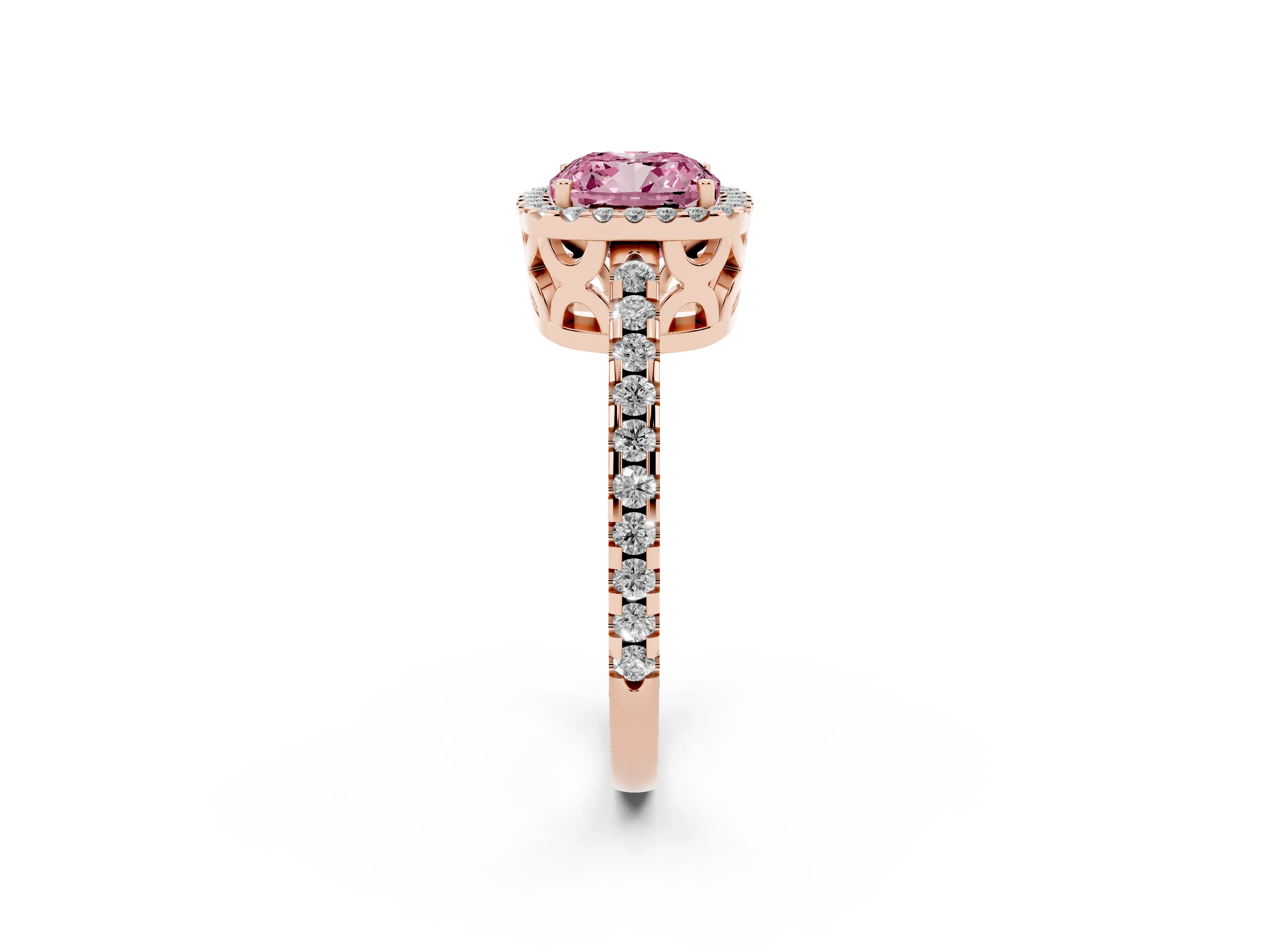 Fancy Pink Cushion Cut Diamond Halo Ring Set in Rose gold with Pavé Shoulders and Halo-Framed Center