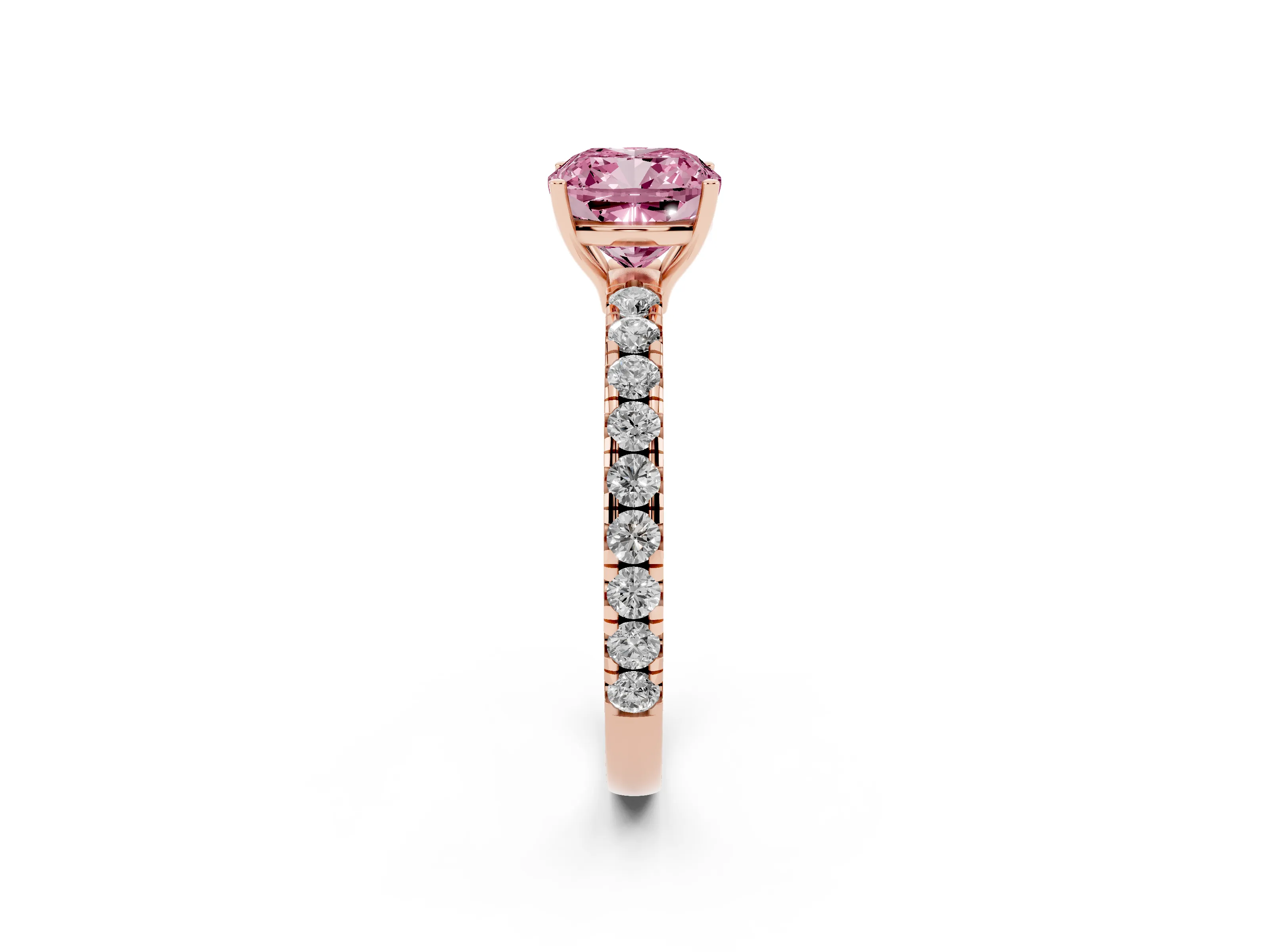 Fancy Pink Cushion Cut Diamond Pavé Solitaire Engagement Ring Set in Rose gold with Prong Setting