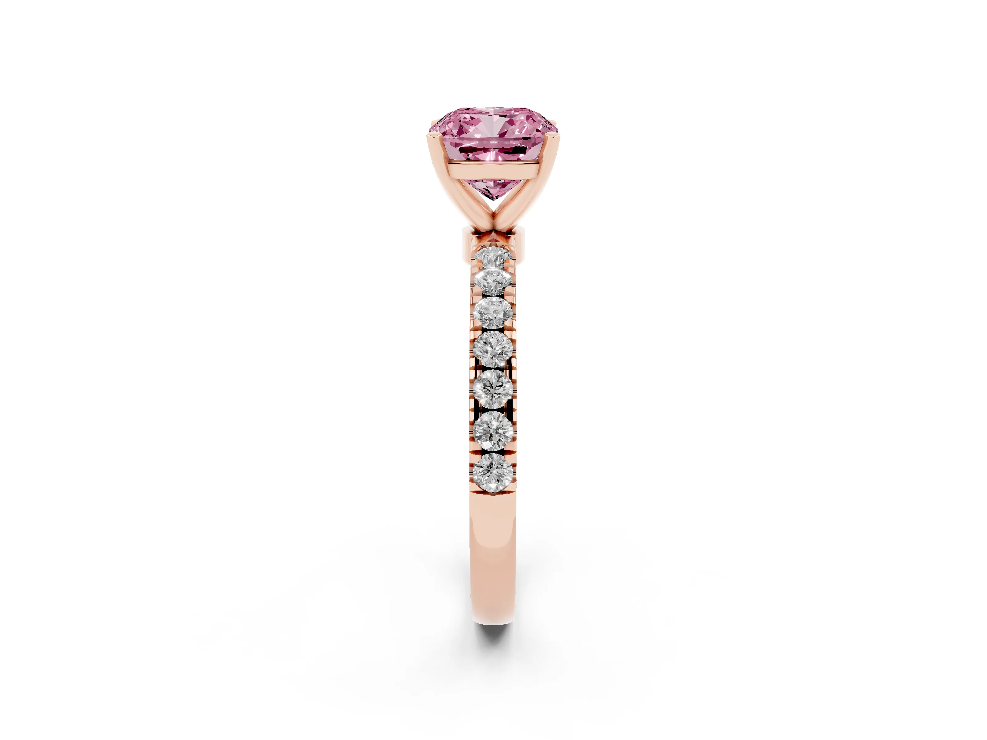 Fancy Pink Cushion Cut Diamond Solitaire Ring Set in Rose gold with Pavé Accents and Prong Setting