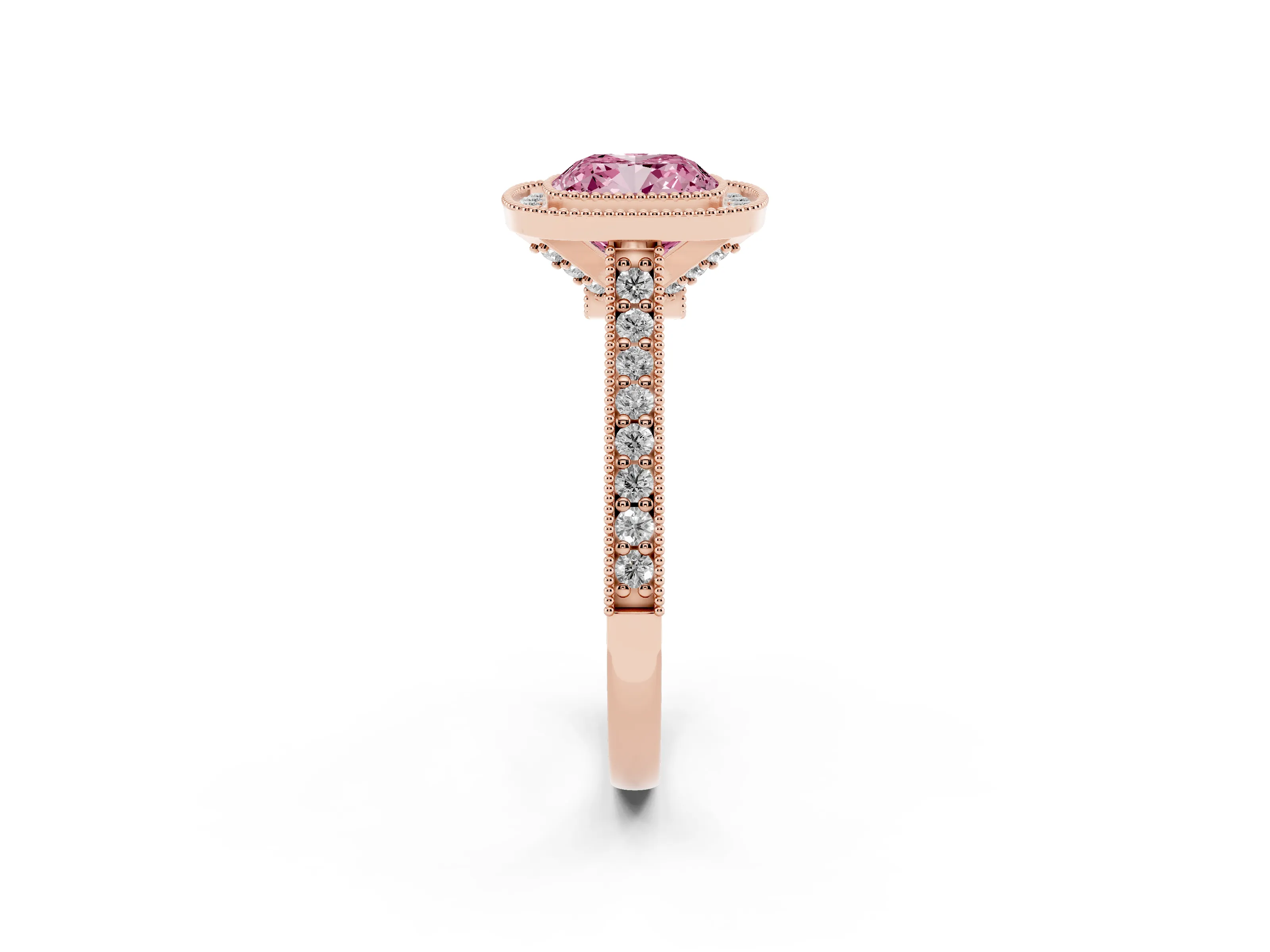 Fancy Pink Cushion Cut Diamond Halo Milgrain Pavé Band Ring Set in Rose gold with Prong Setting