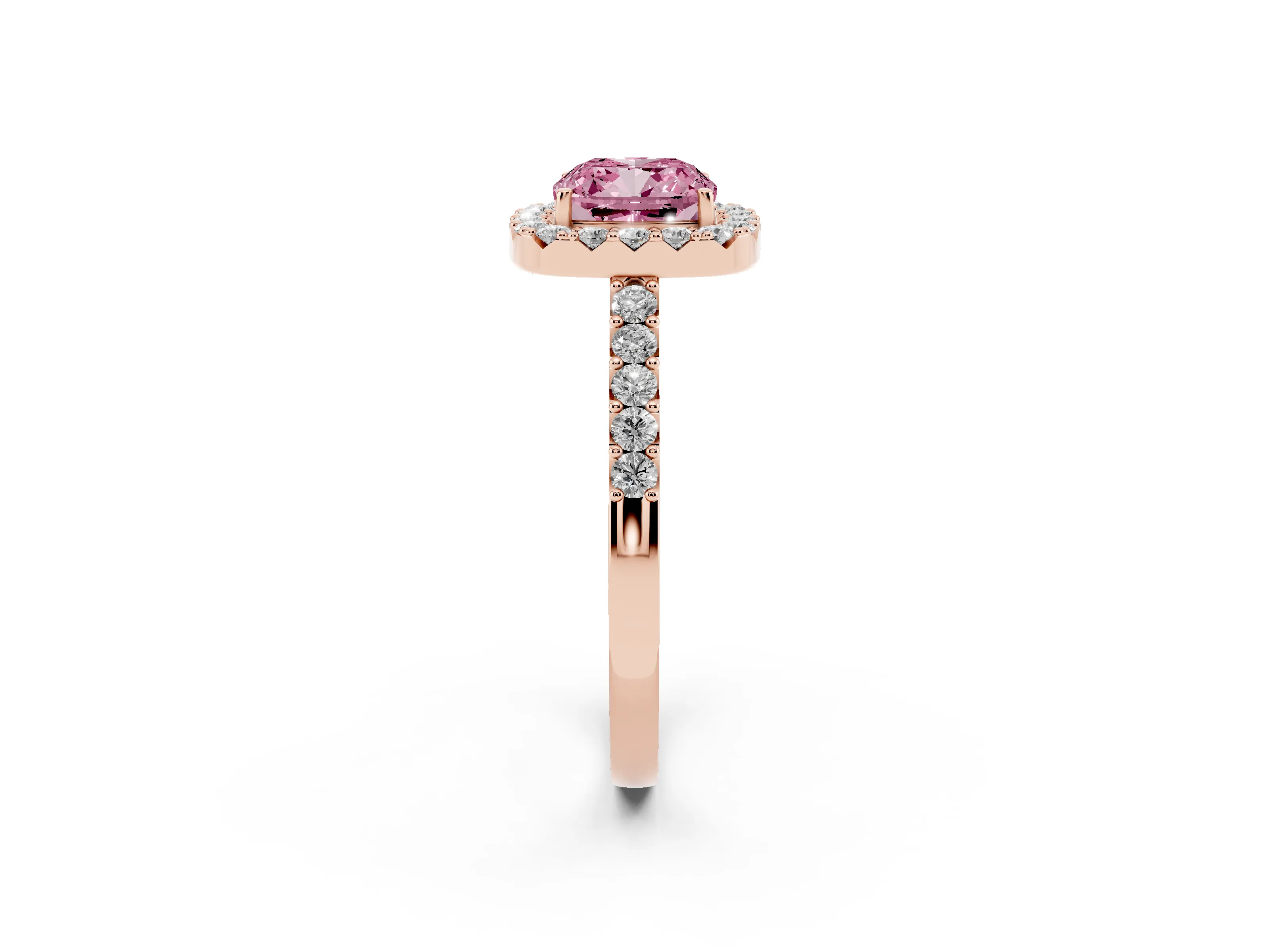 Fancy Pink Cushion Cut Diamond Halo Pavé Solitaire Ring Set in Rose gold with Prong-Set Center Stone