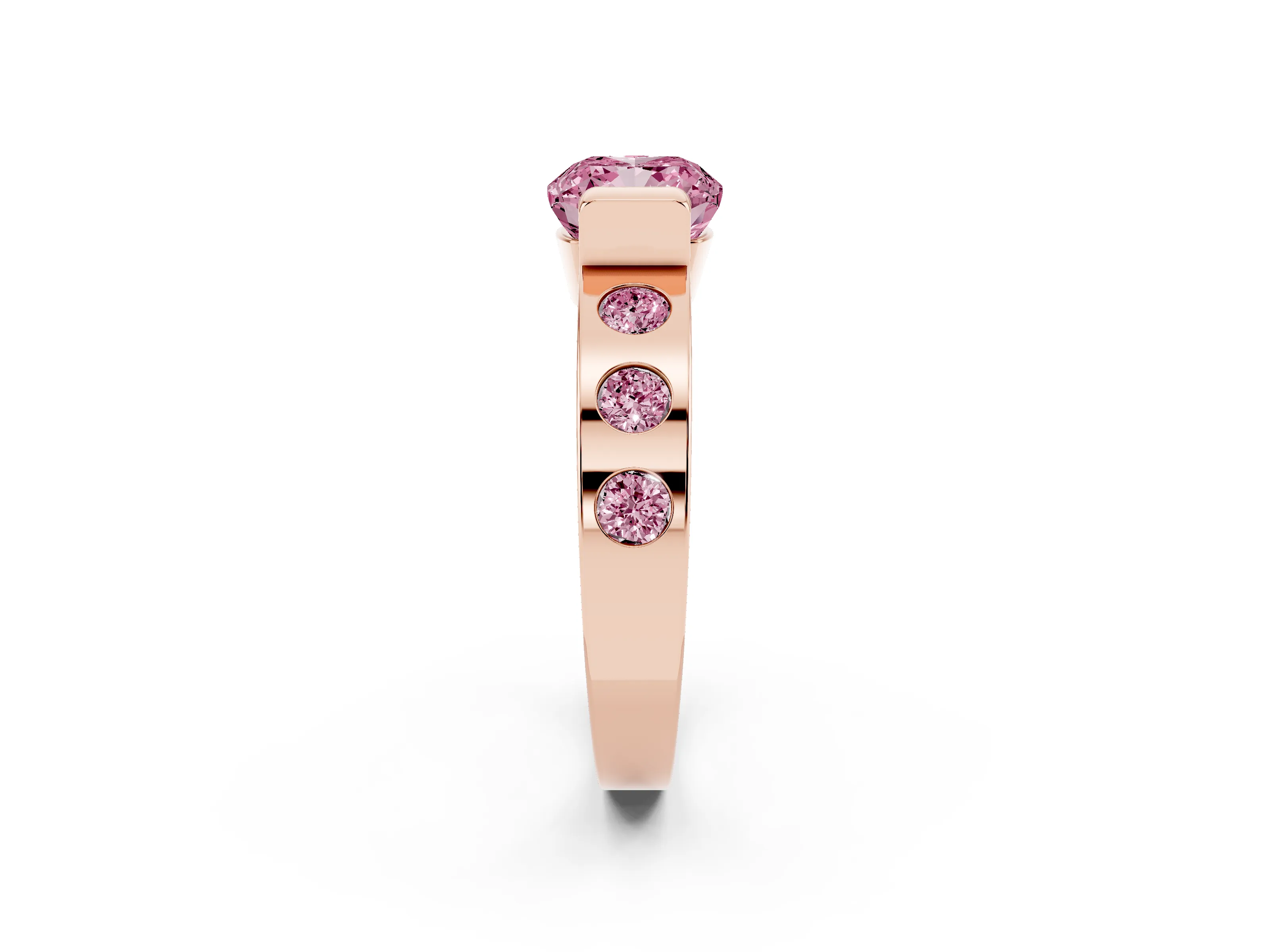 Fancy Pink Cushion Cut Diamond Channel-Set Band Ring Set in Rose gold with Bezel Prong Setting