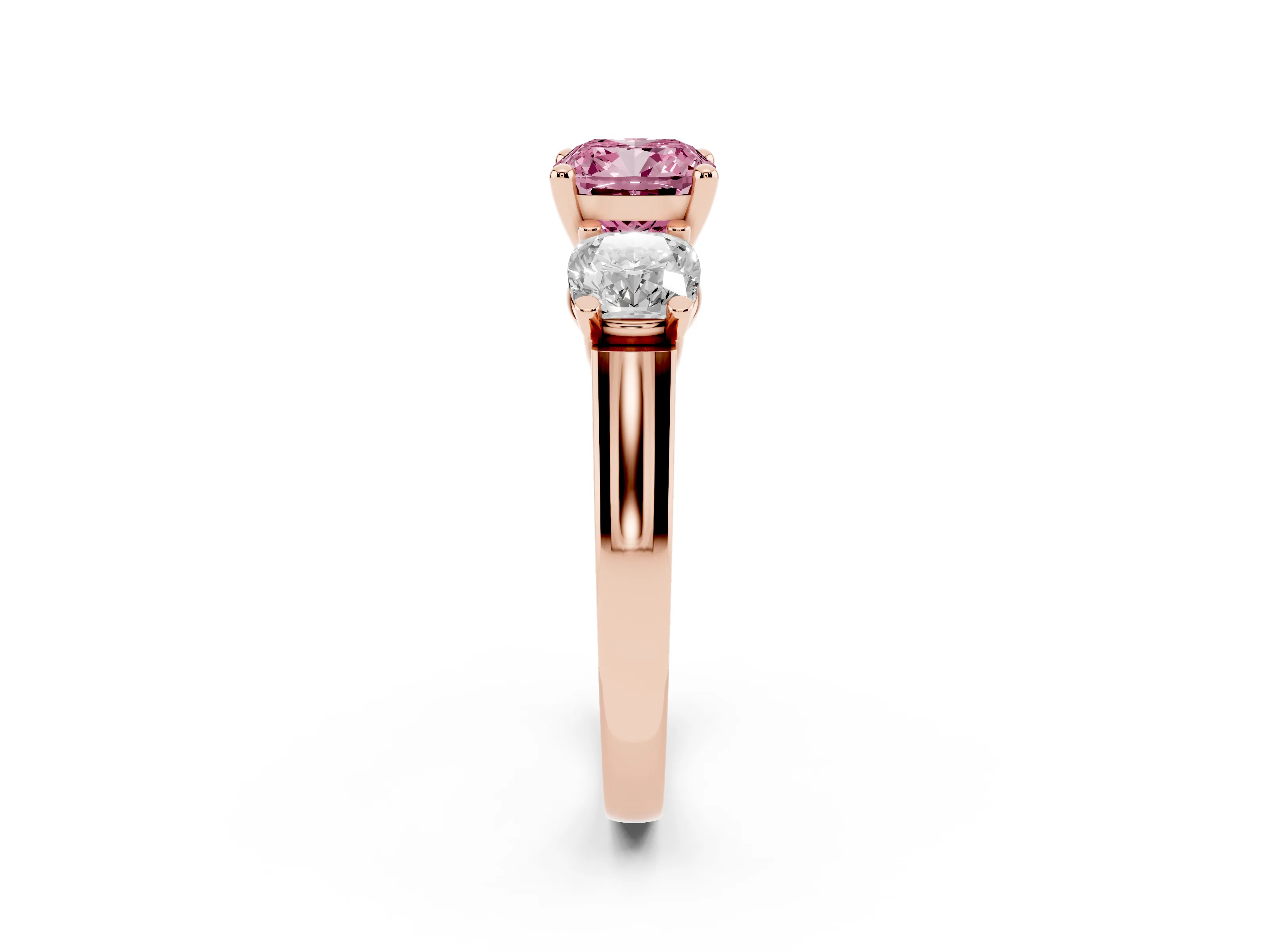 Fancy Pink Cushion Cut Diamond Three-Stone Trellis Ring Set in Rose gold with Comfort Fit Band