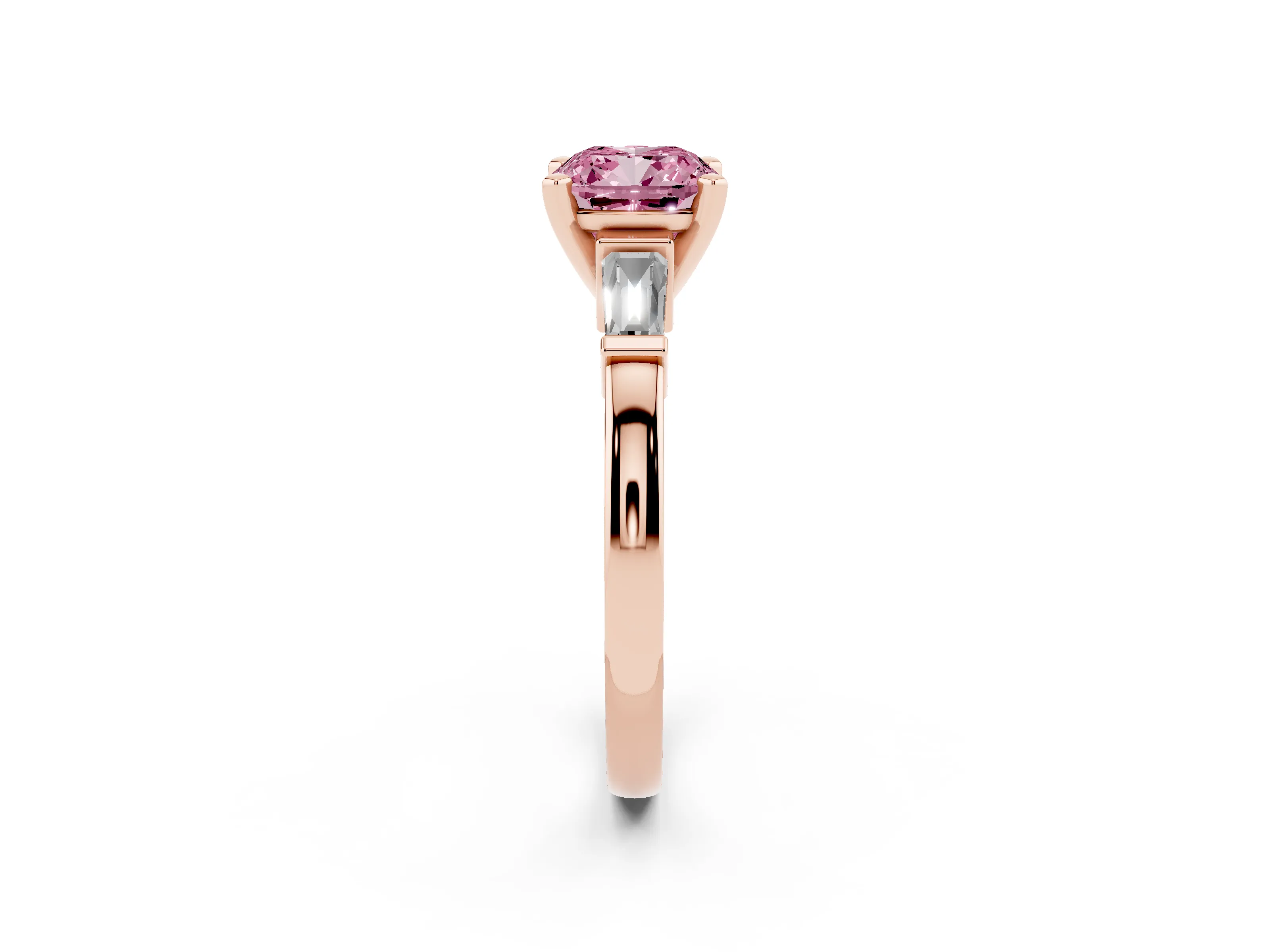 Fancy Pink Cushion Cut Diamond Solitaire Ring Set in Rose gold with Tapered Baguette Accents and Prong Setting