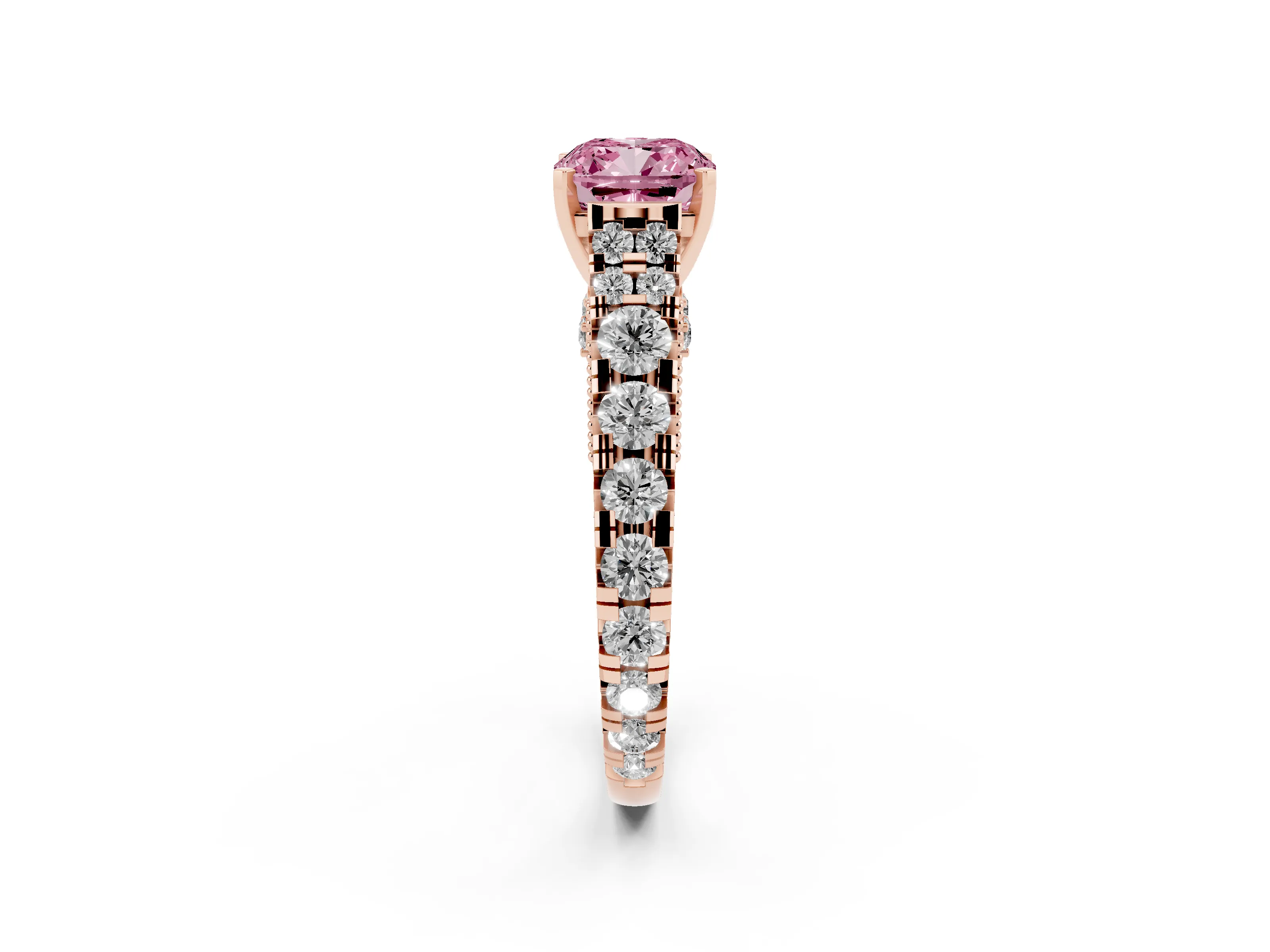 Fancy Pink Cushion Cut Diamond Classic Solitaire Ring Set in Rose gold with Pavé Band and Prong Setting