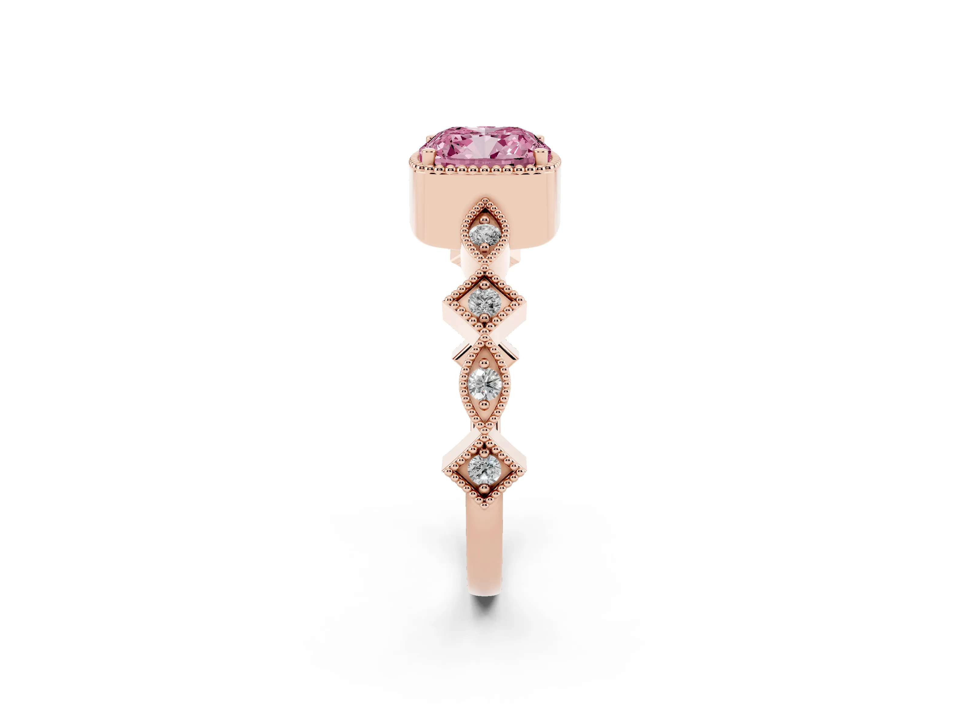 Fancy Pink Cushion Cut Diamond Milgrain Marquise Twist Band Ring Set in Rose gold with Prong Setting