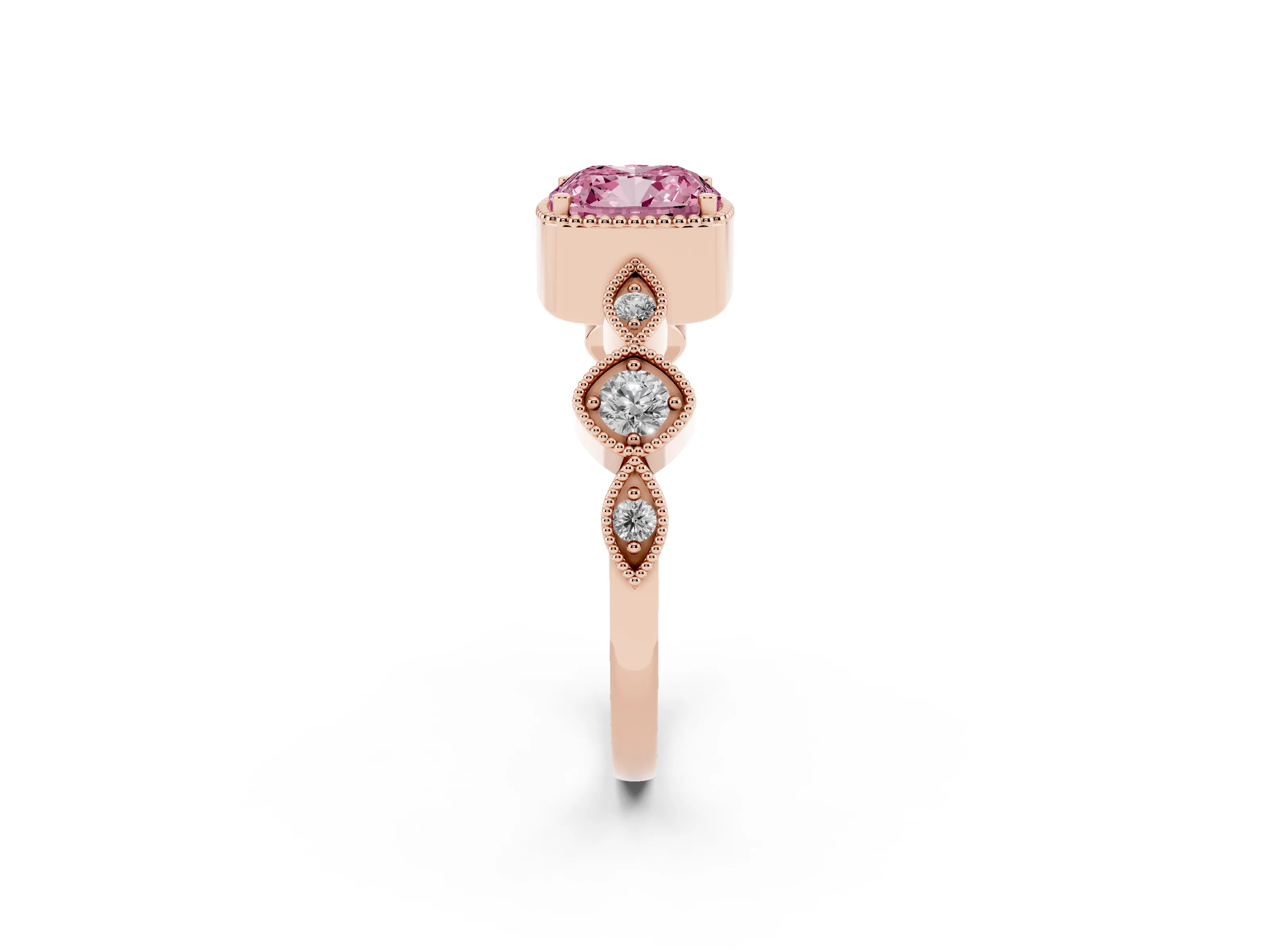 Fancy Pink Cushion Cut Diamond Vintage-Inspired Milgrain Ring Set in Rose gold with Marquise Stations of Round Accents