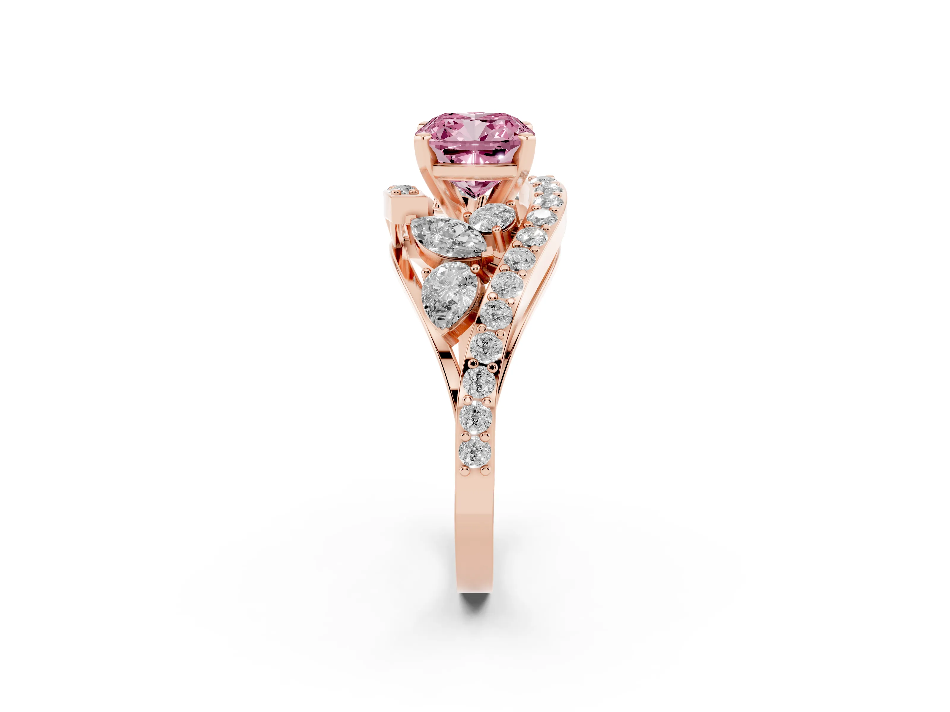 Fancy Pink Cushion Cut Diamond Halo Ring Set in Rose gold with Marquise and Pavé Band in Prong Setting