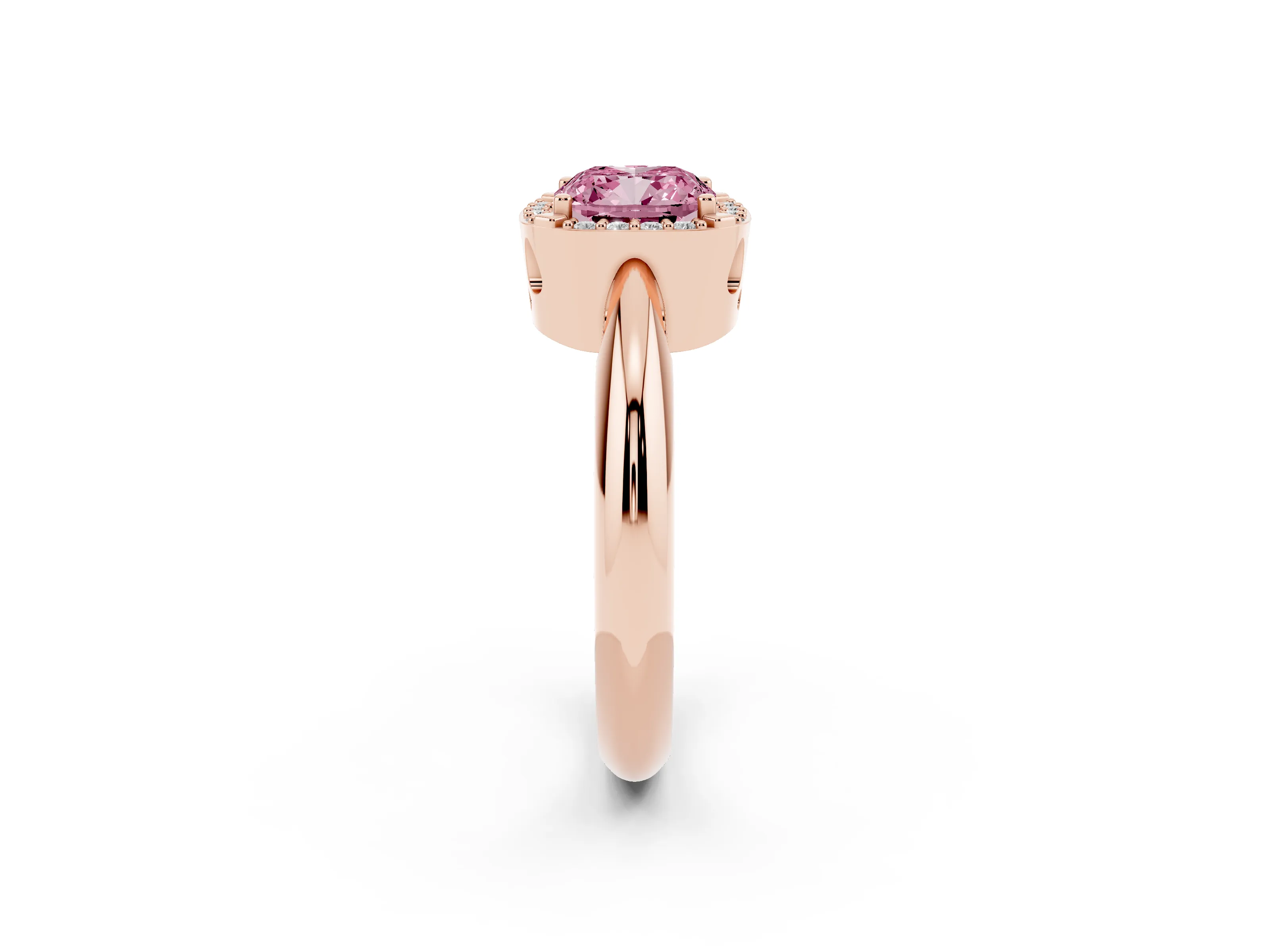 Fancy Pink Cushion Cut Diamond Halo Engagement Ring Set in Rose gold with Plain Split Shank and Prong Setting