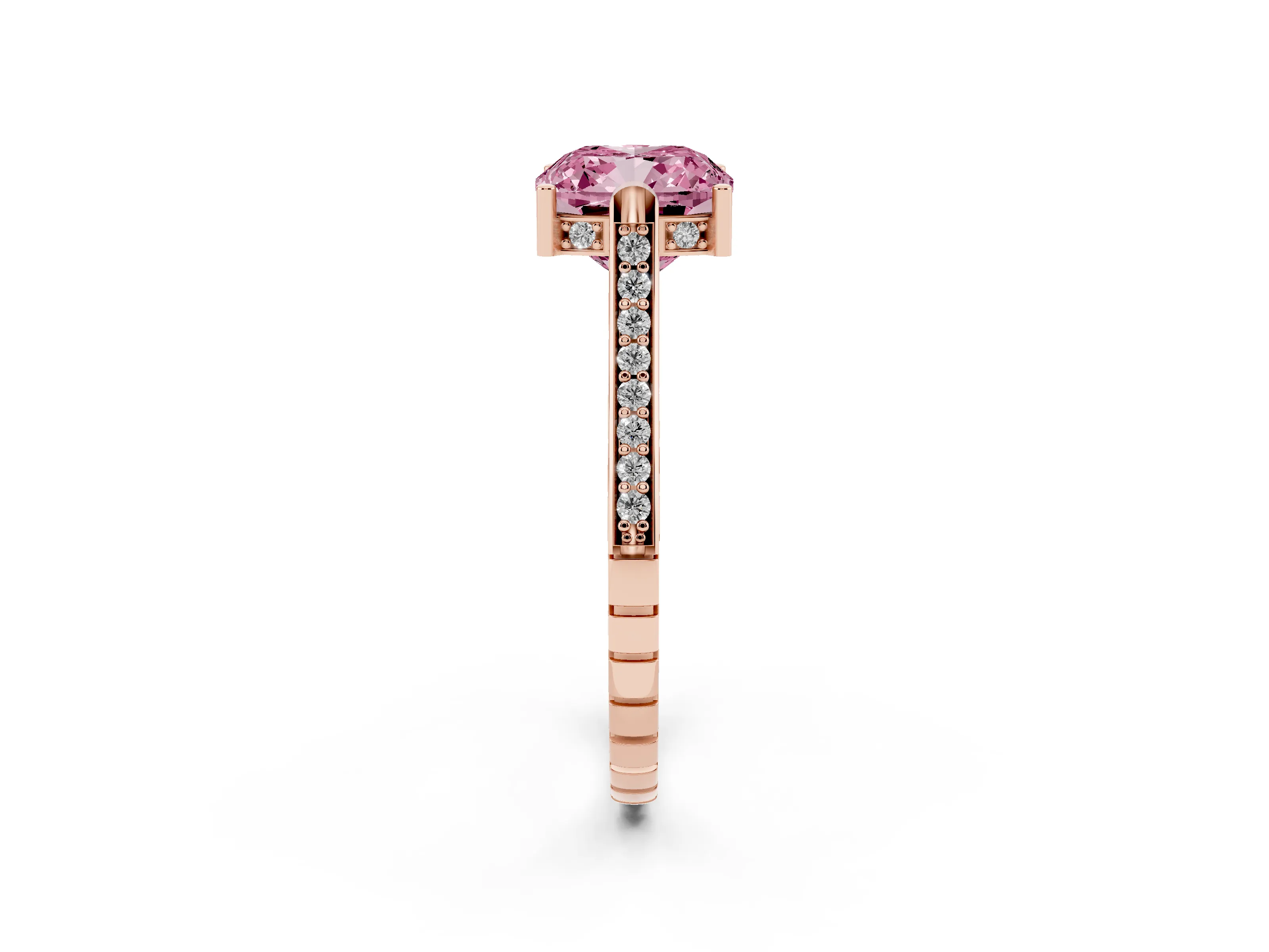 Fancy Pink Cushion Cut Diamond Solitaire Ring Set in Rose gold with Channel Set Band and Bezel Prong Setting