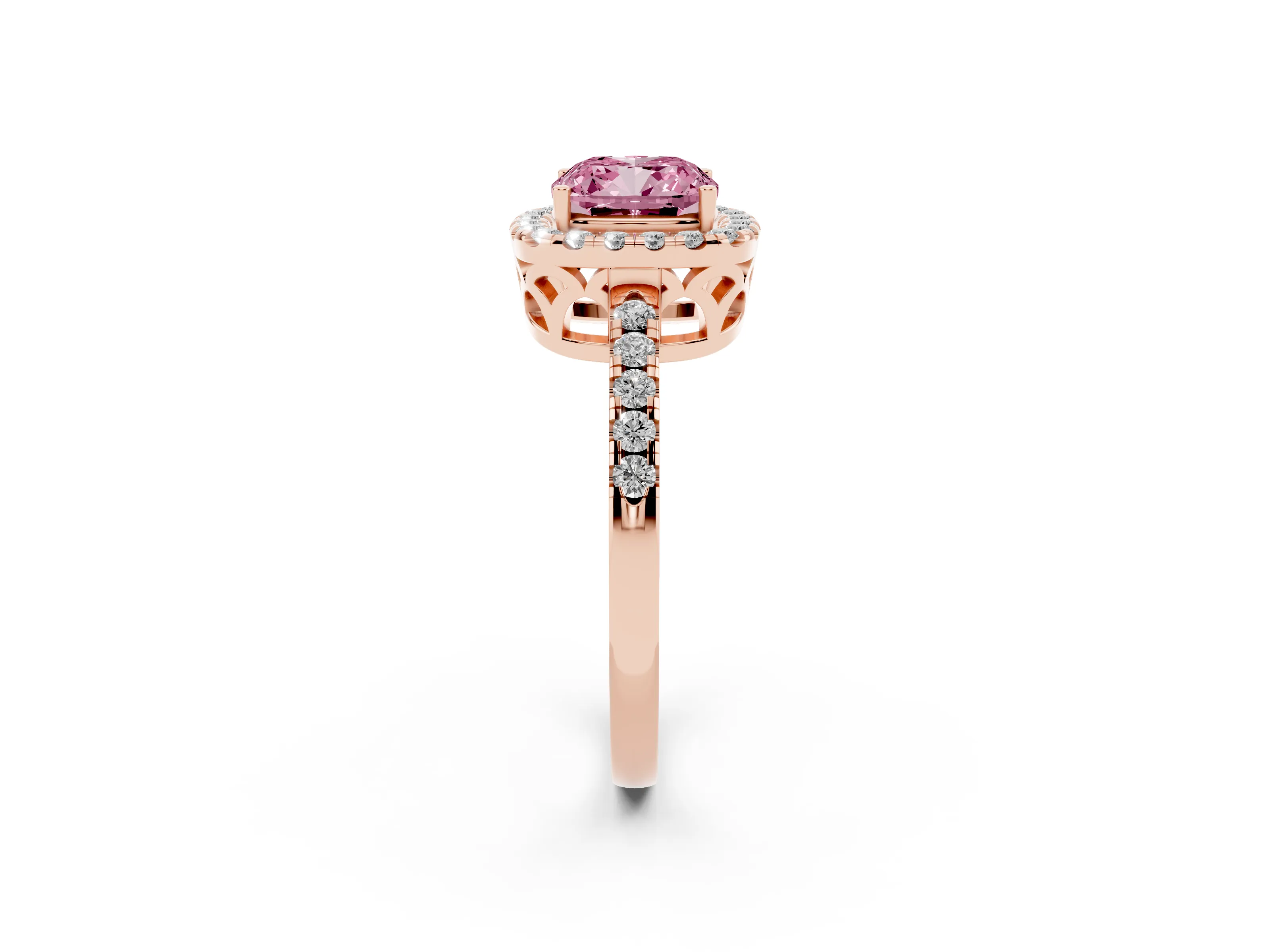 Fancy Pink Cushion Cut Diamond Pavé Band Halo Engagement Ring Set in Rose gold with Prong Setting