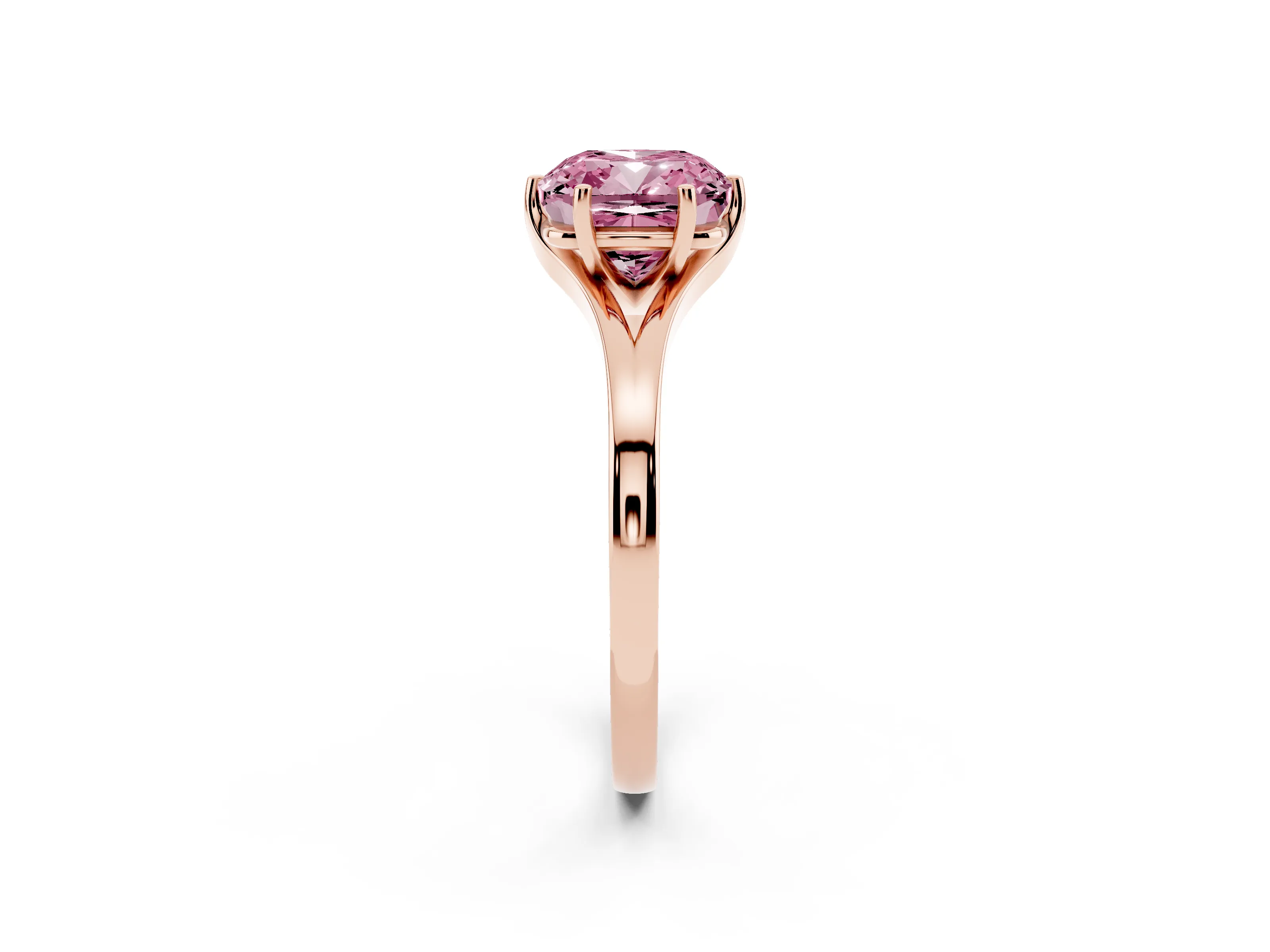 Fancy Pink Cushion Cut Diamond Solitaire Ring Set in Rose gold with Polished Tapered Band and Prong Setting