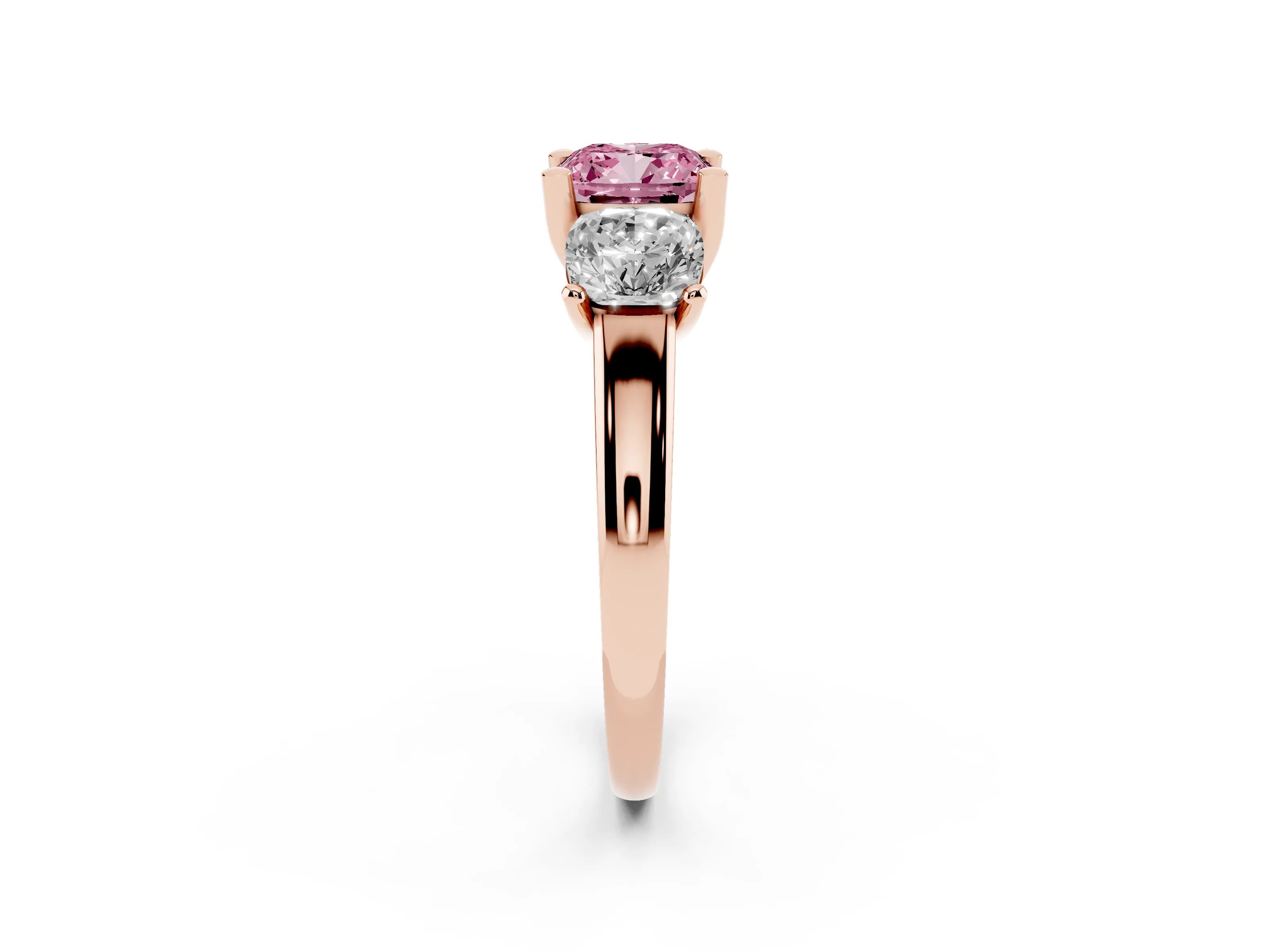 Fancy Pink Cushion Cut Diamond Three-Stone Ring Set in Rose gold with Classic Prong Setting and Plain Band