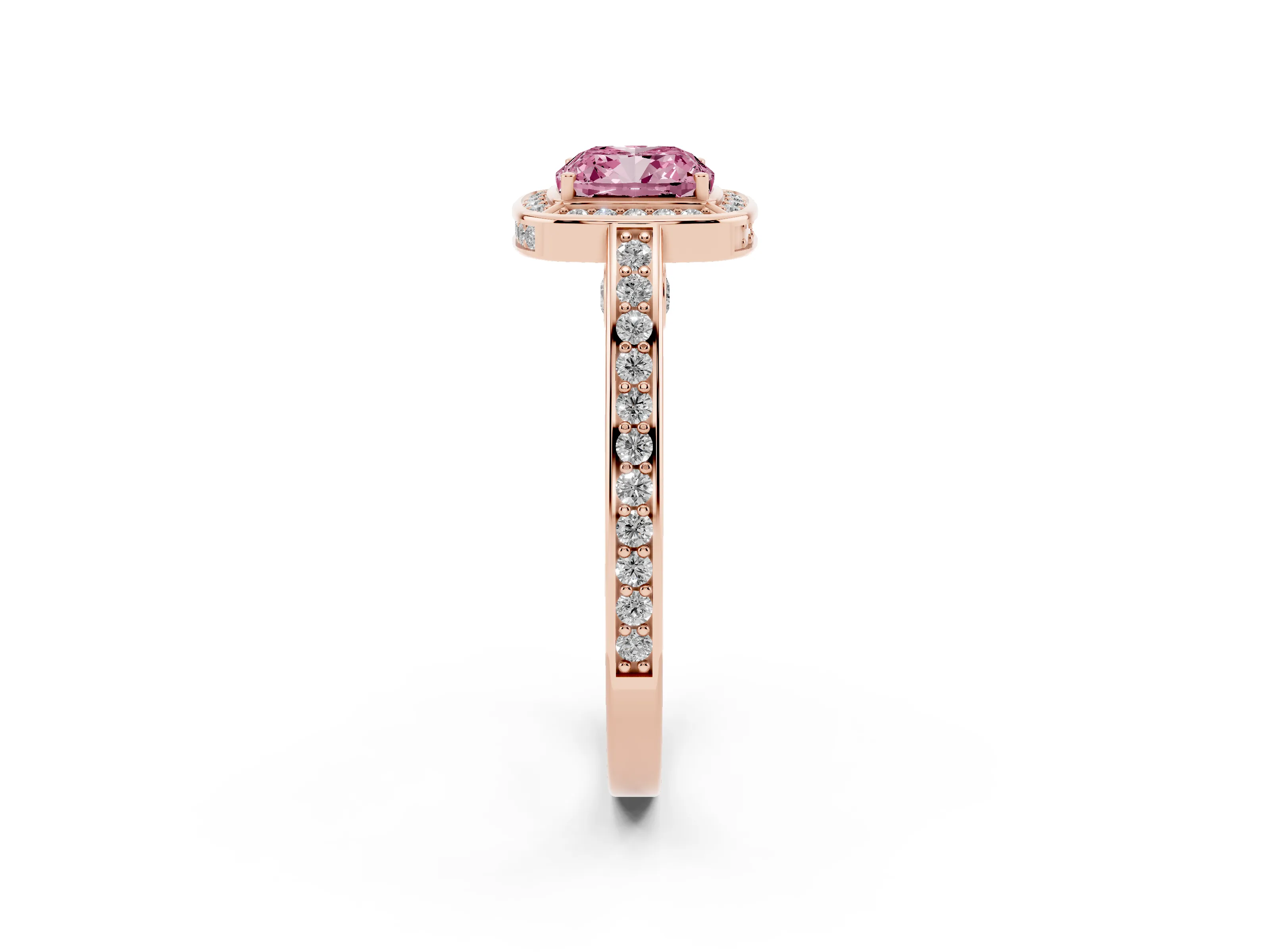 Fancy Pink Cushion Cut Diamond Halo Pavé Split Shank Ring Set in Rose gold with Prong Setting