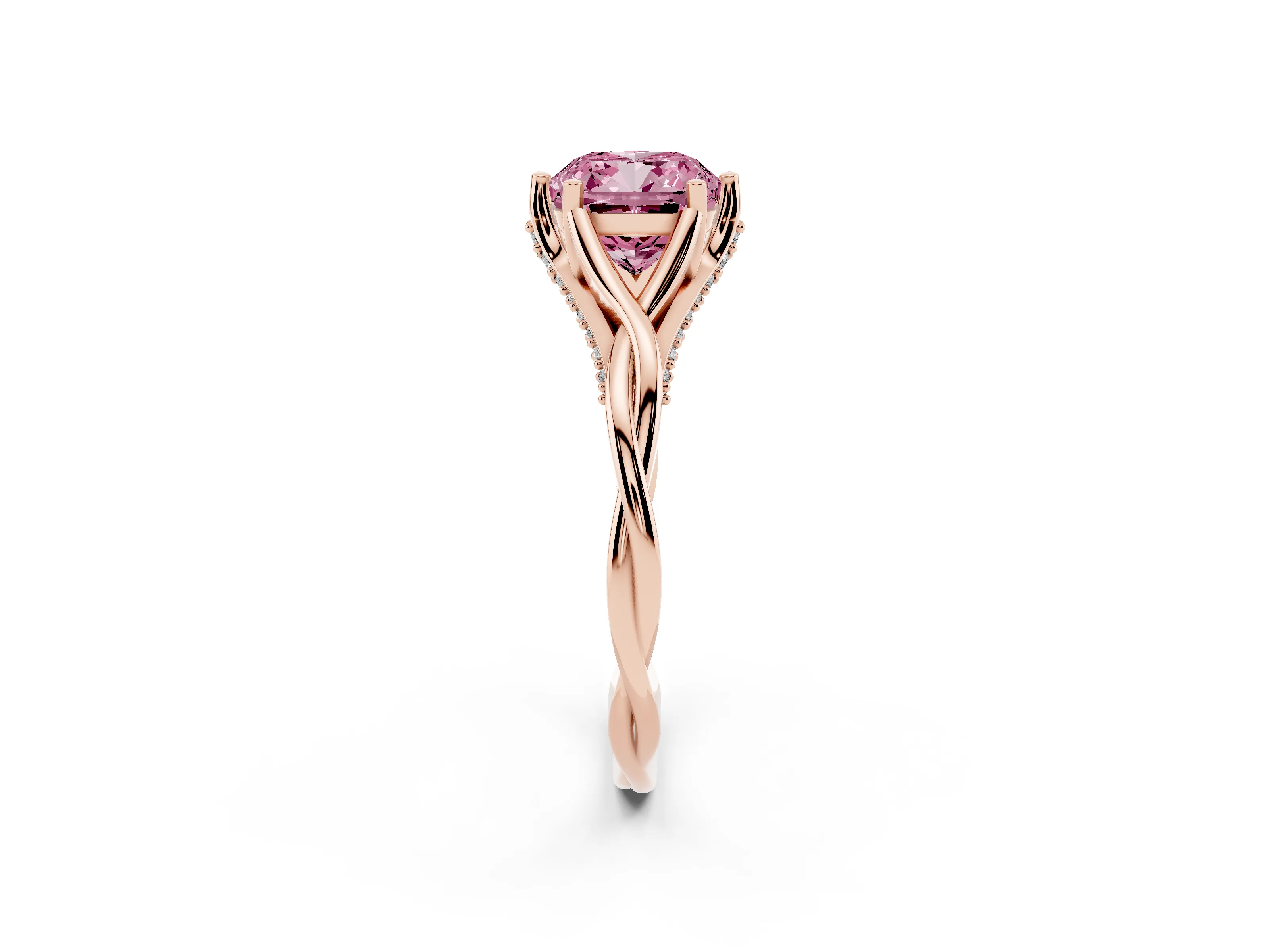 Fancy Pink Cushion Cut Diamond Intertwined Twist Band Solitaire Ring Set in Rose gold with Prong Setting