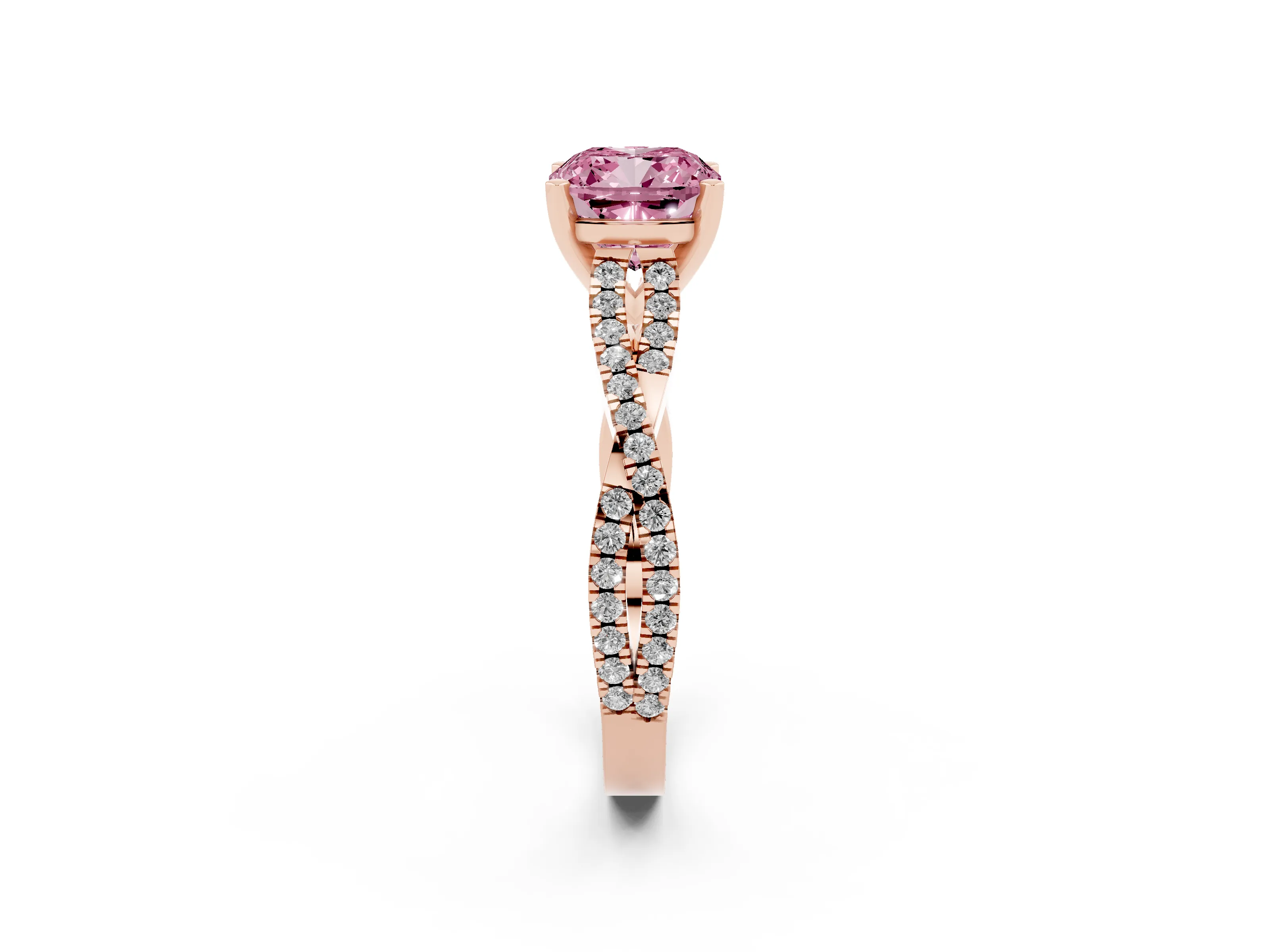 Fancy Pink Cushion Cut Diamond Solitaire Engagement Ring Set in Rose gold with Twisted Pavé Band and Prong Setting