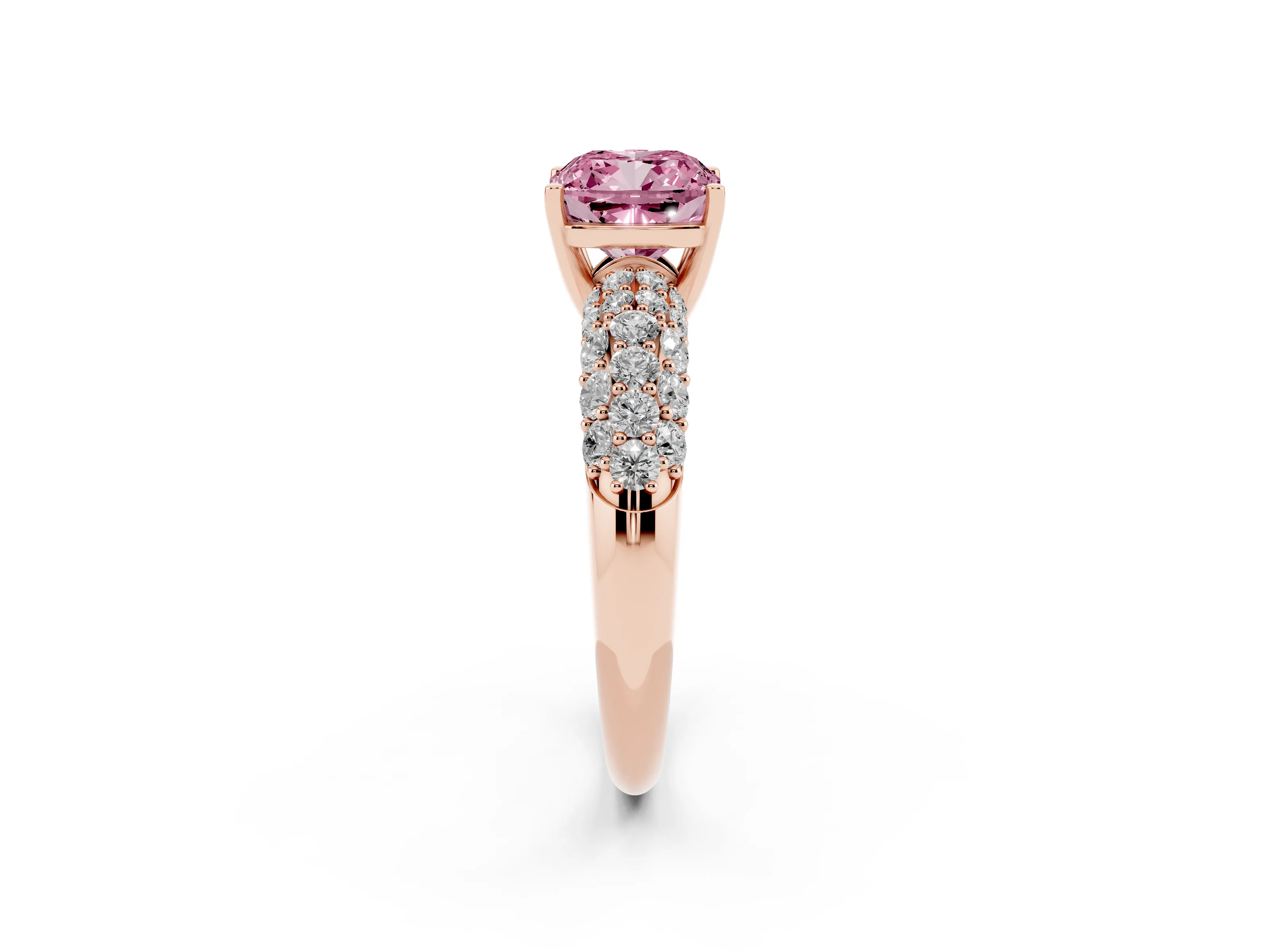 Fancy Pink Cushion Cut Diamond Pavé Band Solitaire Ring Set in Rose gold with Close-Set Accent Stones and Prong Setting