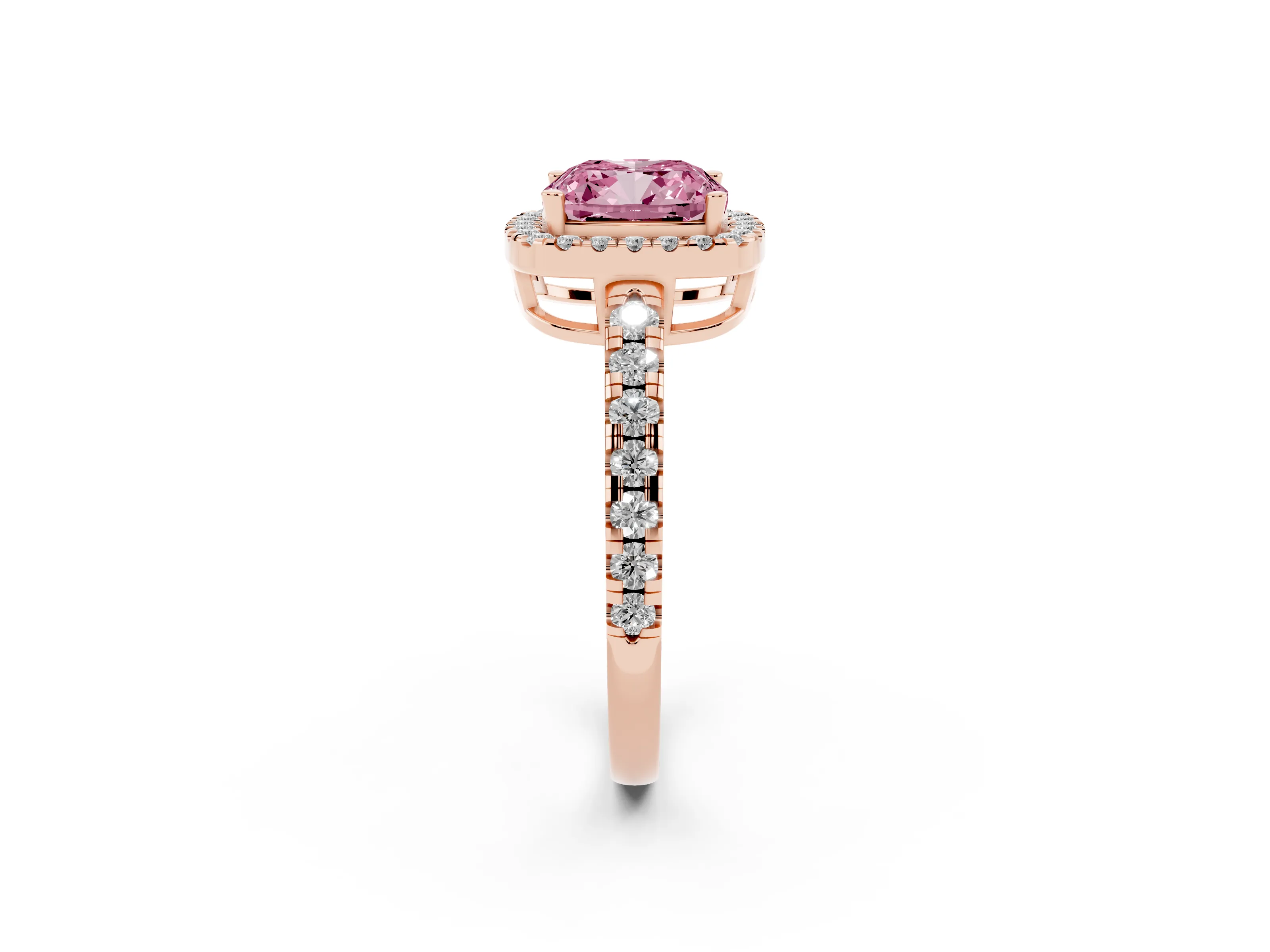 Fancy Pink Cushion Cut Diamond Halo Ring Set in Rose gold with Delicate Pavé Band and Prong Setting