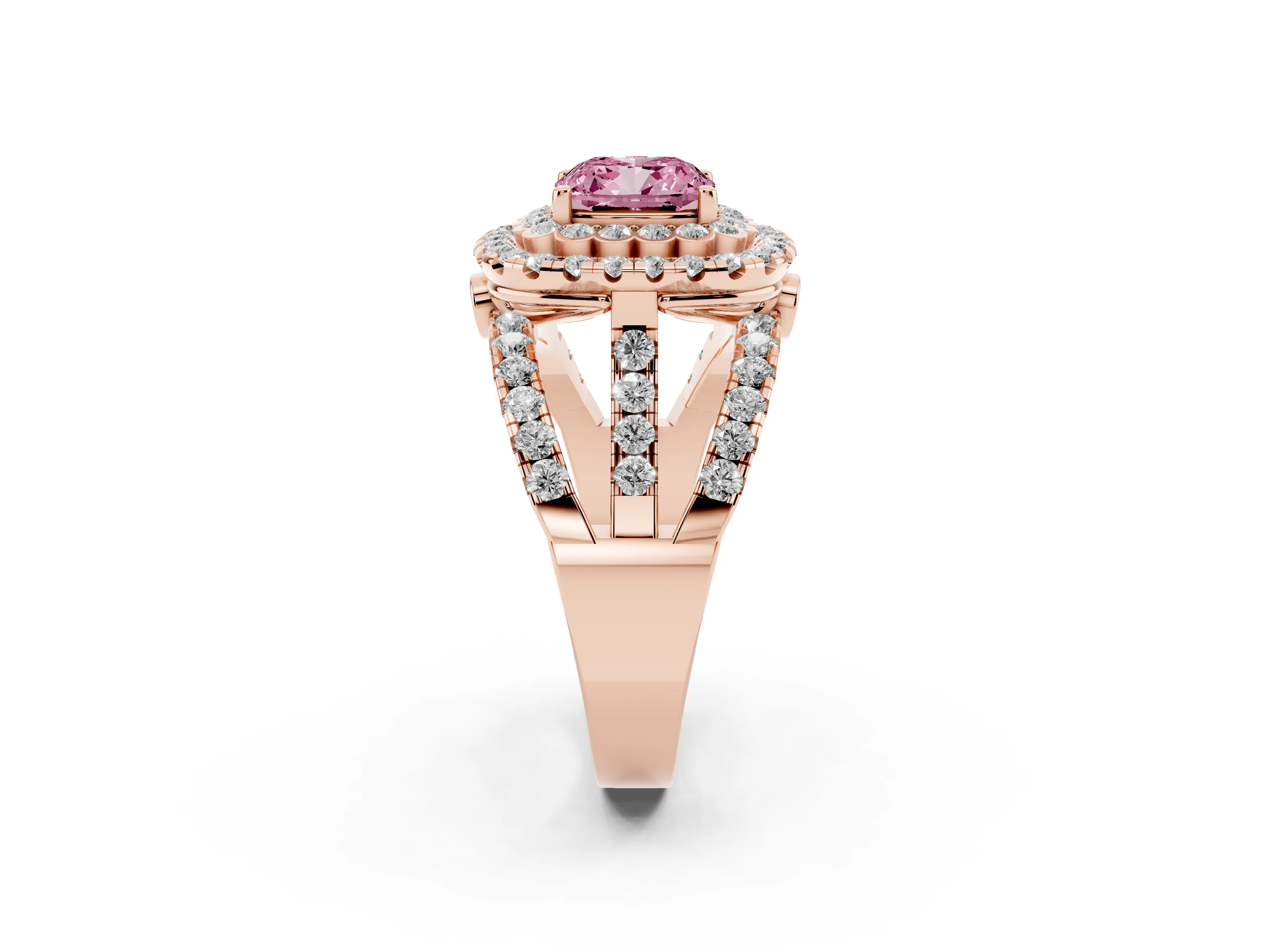 Fancy Pink Cushion Cut Diamond Double Halo Ring Set in Rose gold with Round Pavé Split Shank
