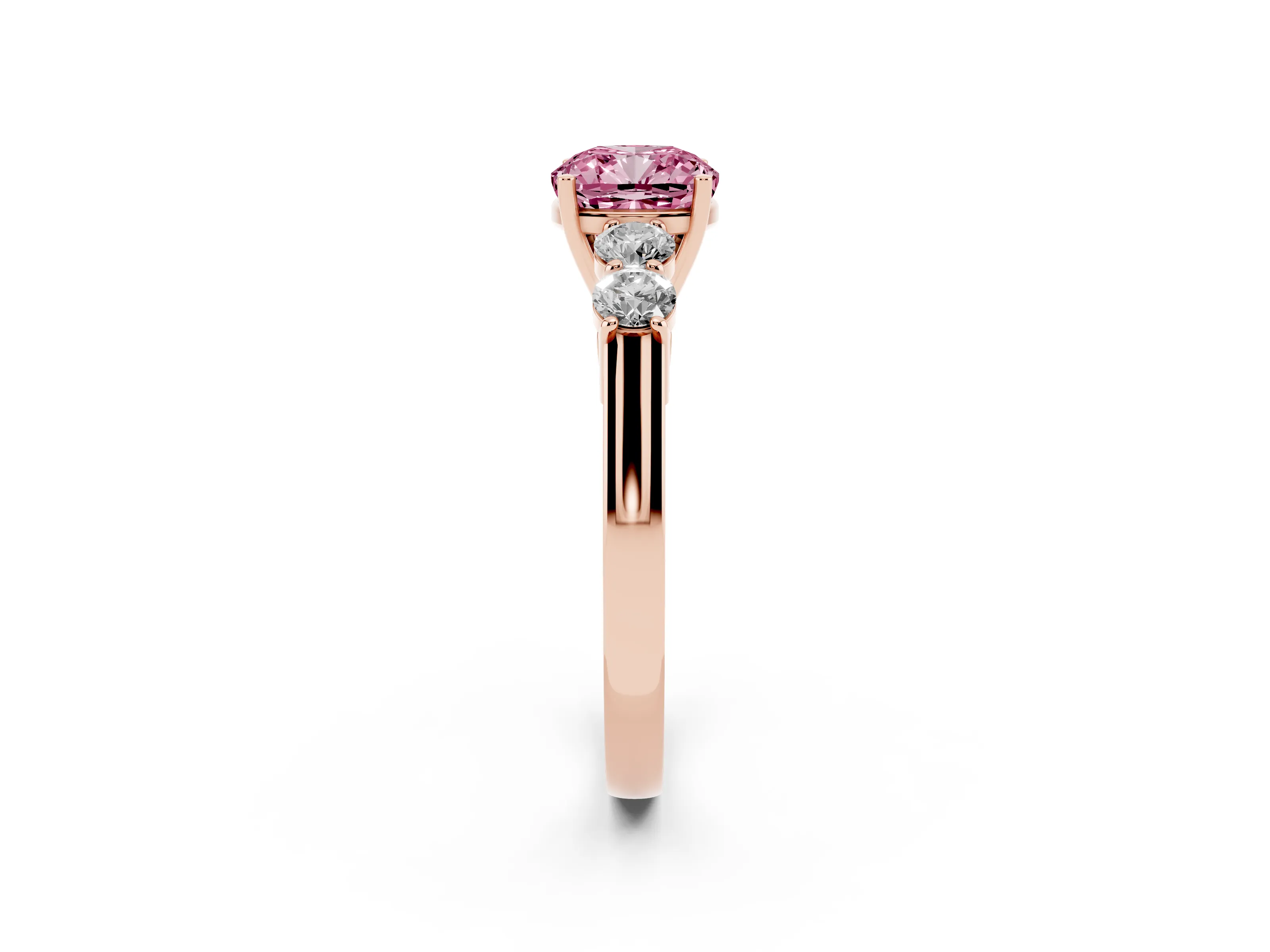 Fancy Pink Cushion Cut Diamond Five-Stone Prong Set Band Ring Set in Rose gold with Polished Band