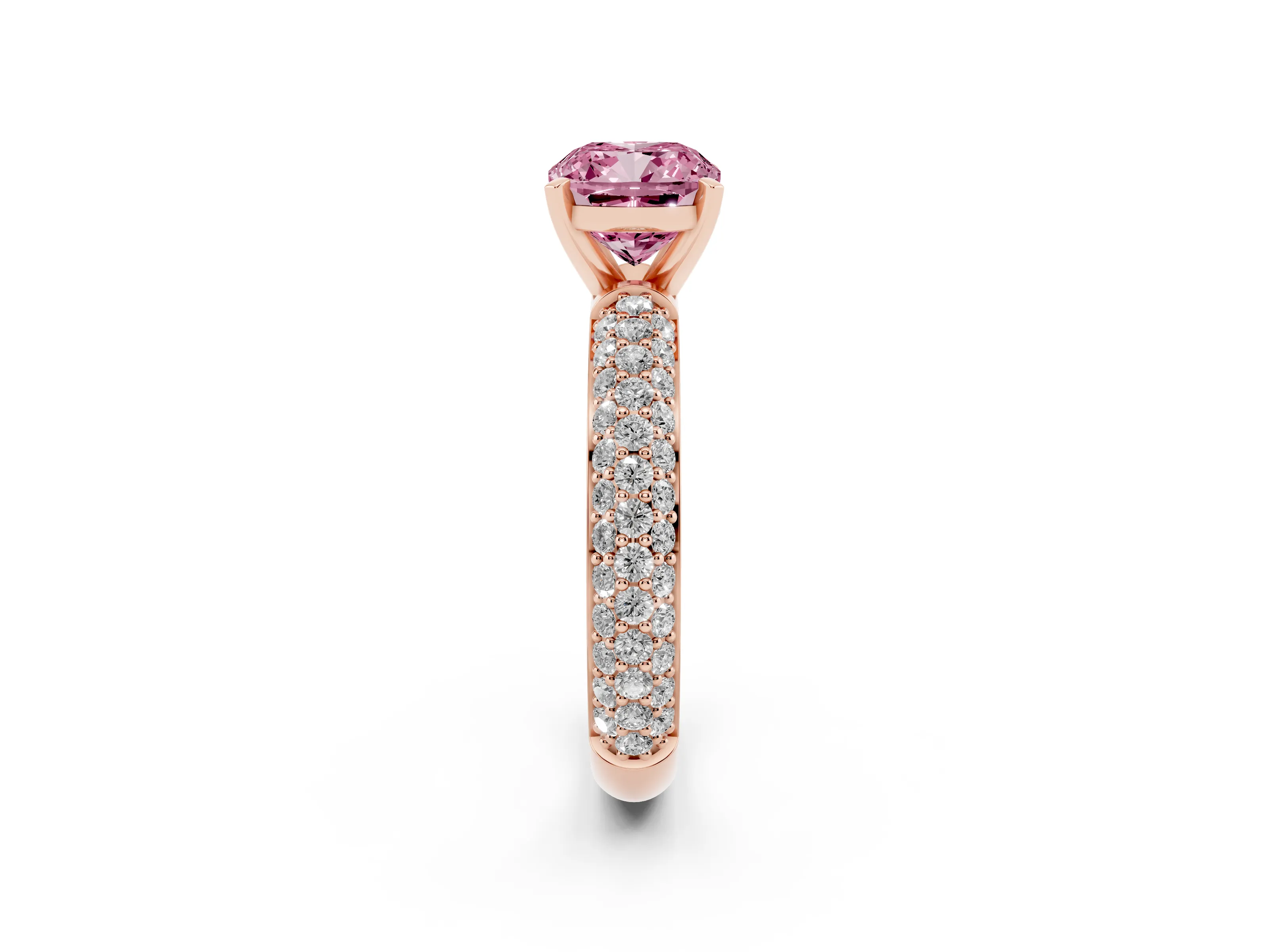 Fancy Pink Cushion Cut Diamond Solitaire Ring Set in Rose gold with Prong Setting and Pavé-Set Band